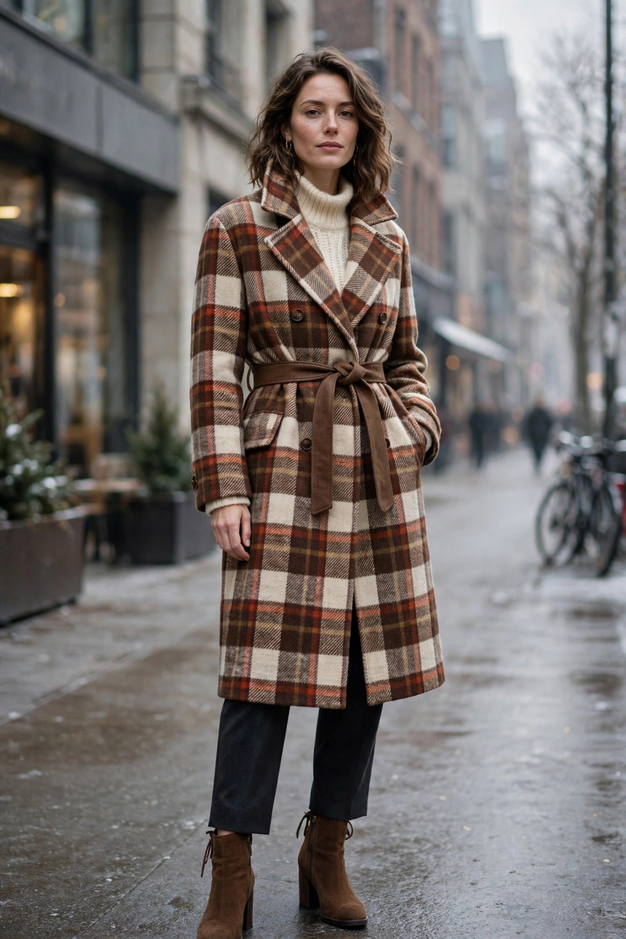Woman wearing a belted brown cream and rust checked plaid wool coat with a cream knit on a cold city street