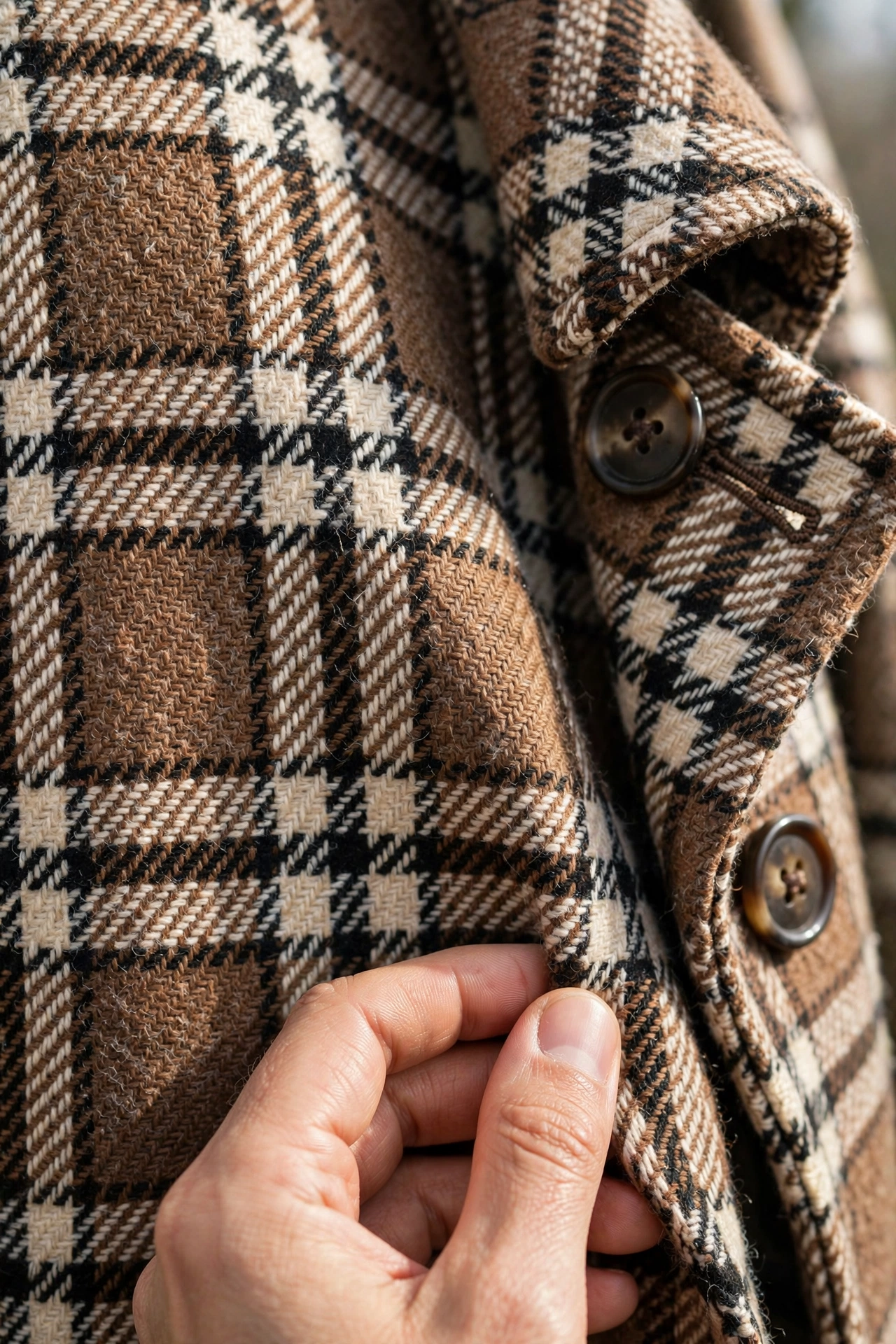 Close-up detail of checked plaid wool coat fabric showing woven texture, lapel and tortoiseshell buttons