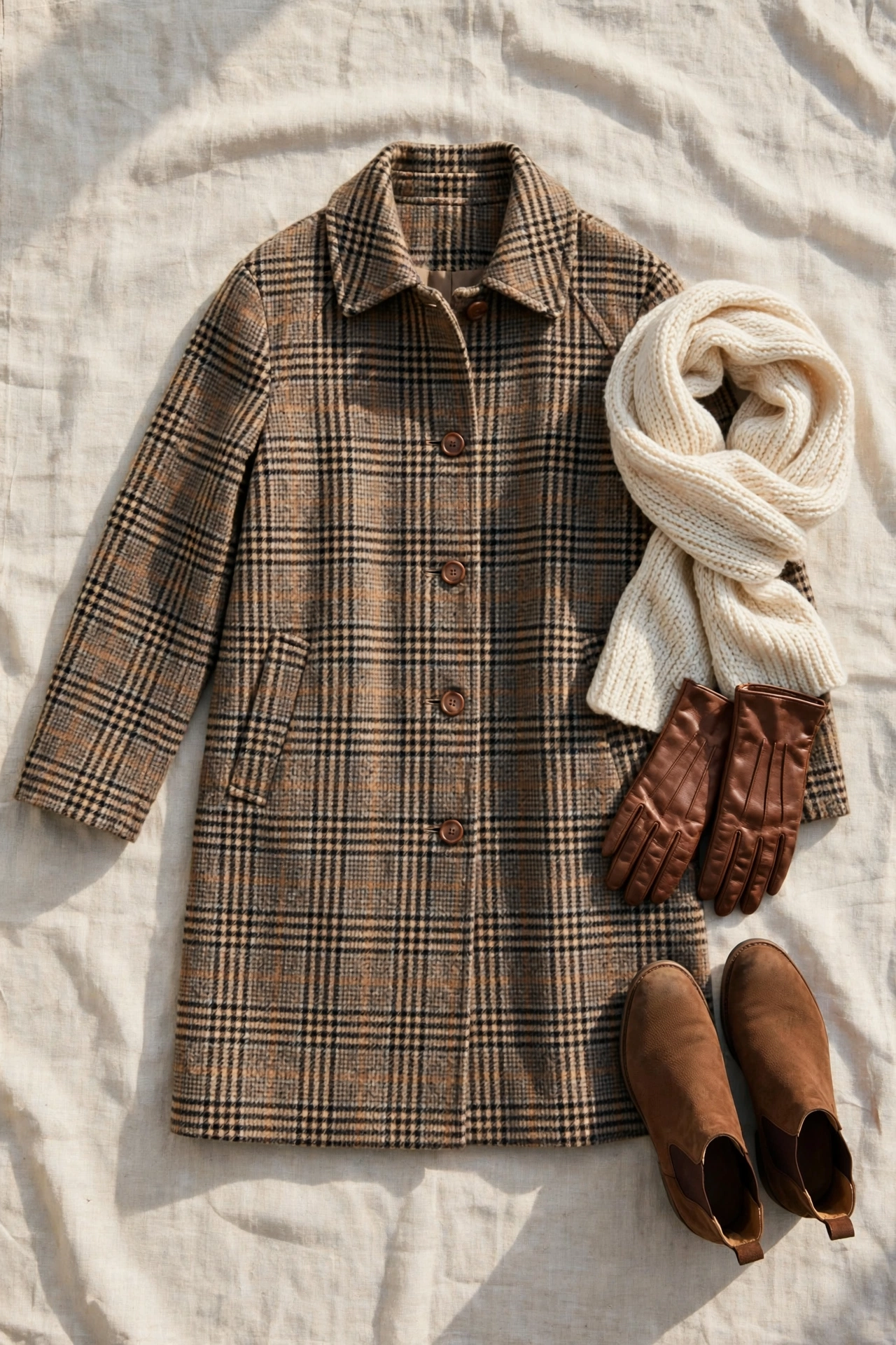 Flat lay of a checked plaid wool coat with a cream knit scarf, brown leather gloves and suede ankle boots on linen