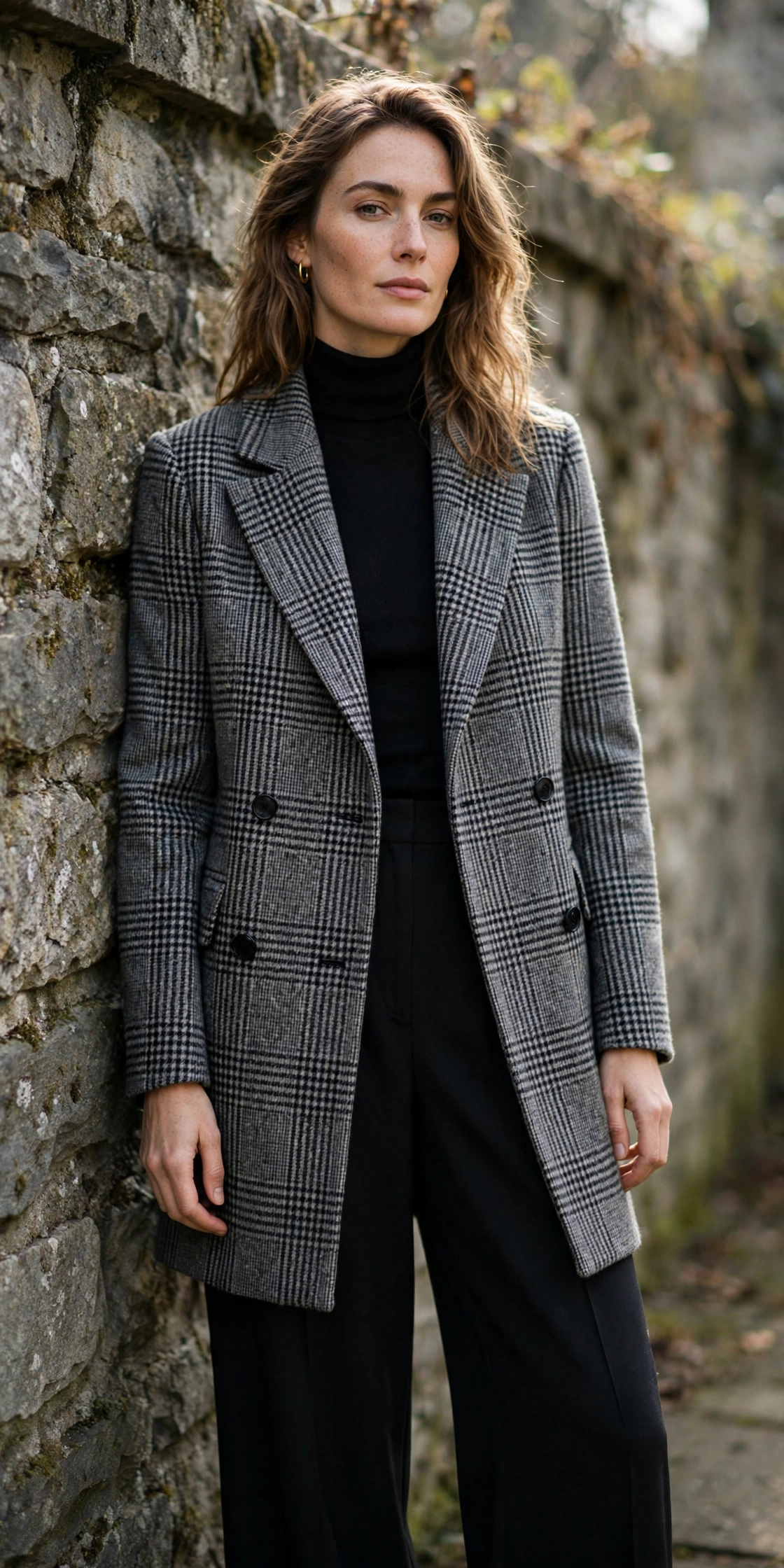 Woman wearing a grey and black checked plaid wool coat with a black turtleneck and wide-leg trousers against a stone wall