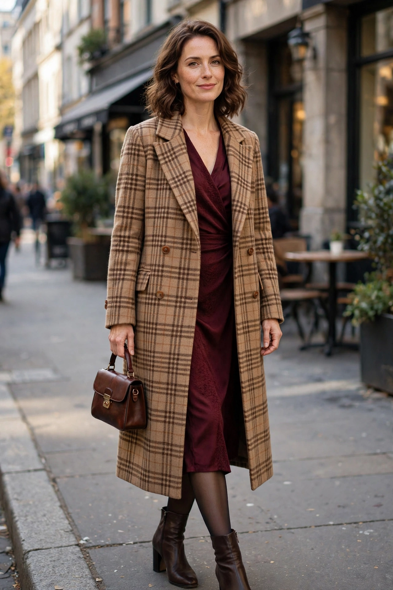 Woman wearing a camel and brown plaid wool coat over a burgundy dress with heeled boots and a leather handbag