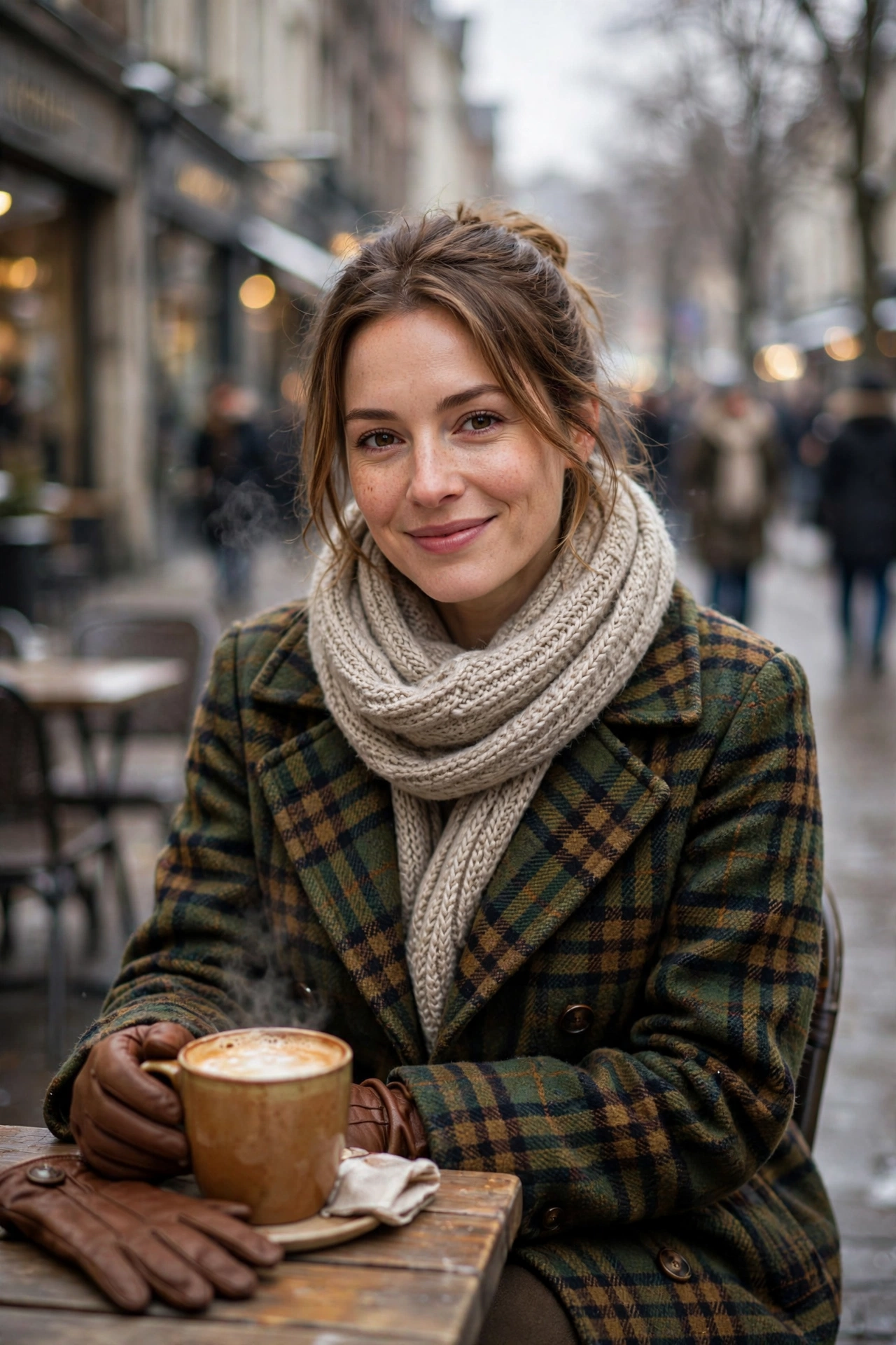Woman in a green and brown checked plaid wool coat with a cream scarf sitting at an outdoor cafe with a warm drink on a cold day