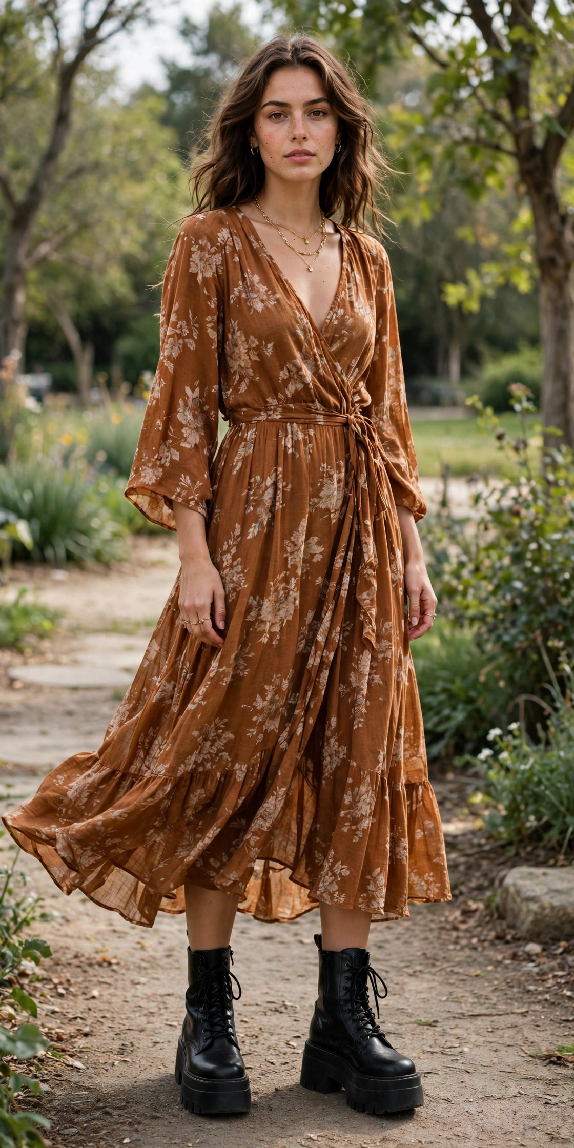 Woman wearing a flowing rust floral midi dress with black chunky platform boots outdoors