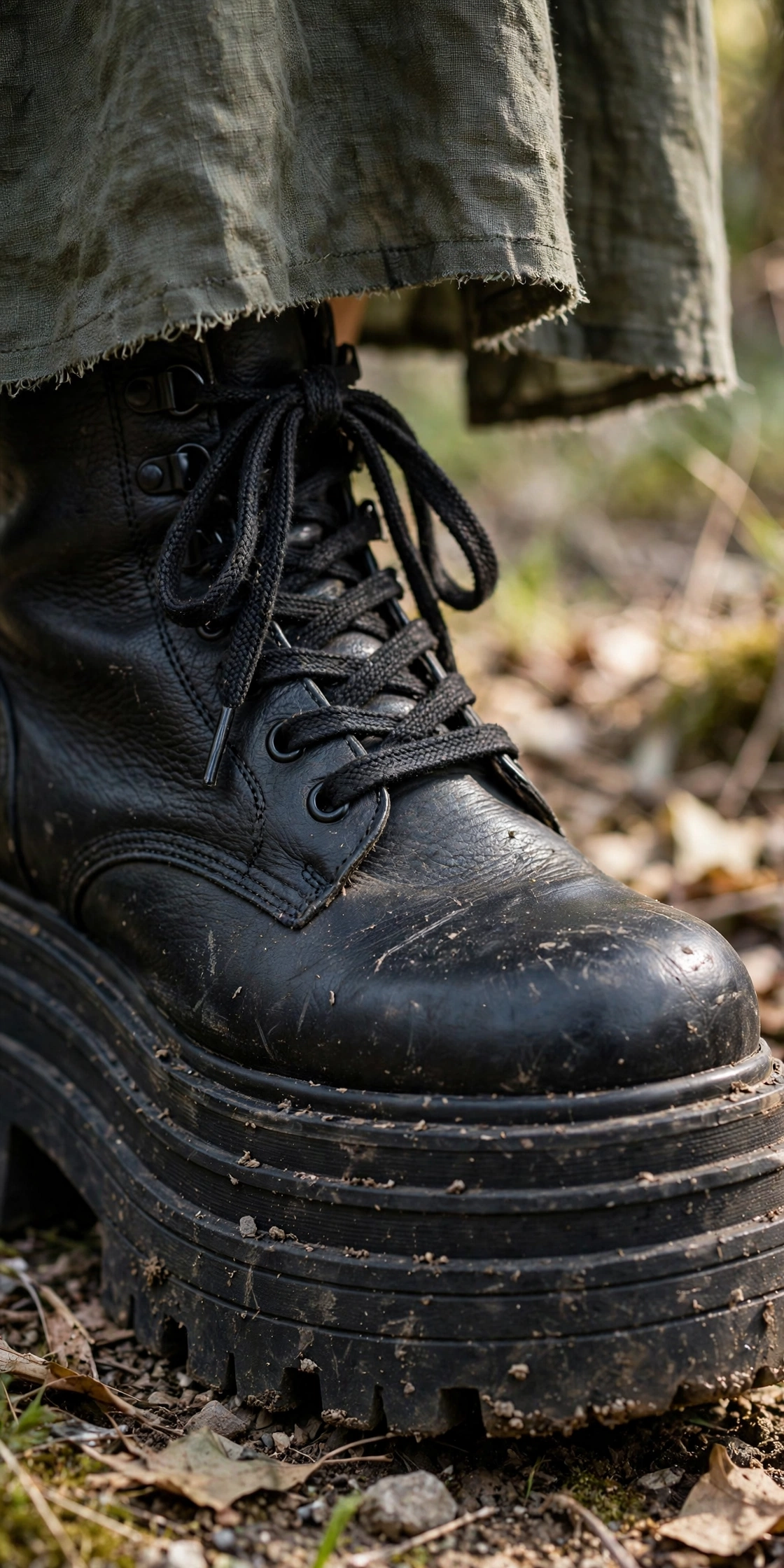 Close-up detail of a black chunky platform boot showing the thick sole, laces and leather texture