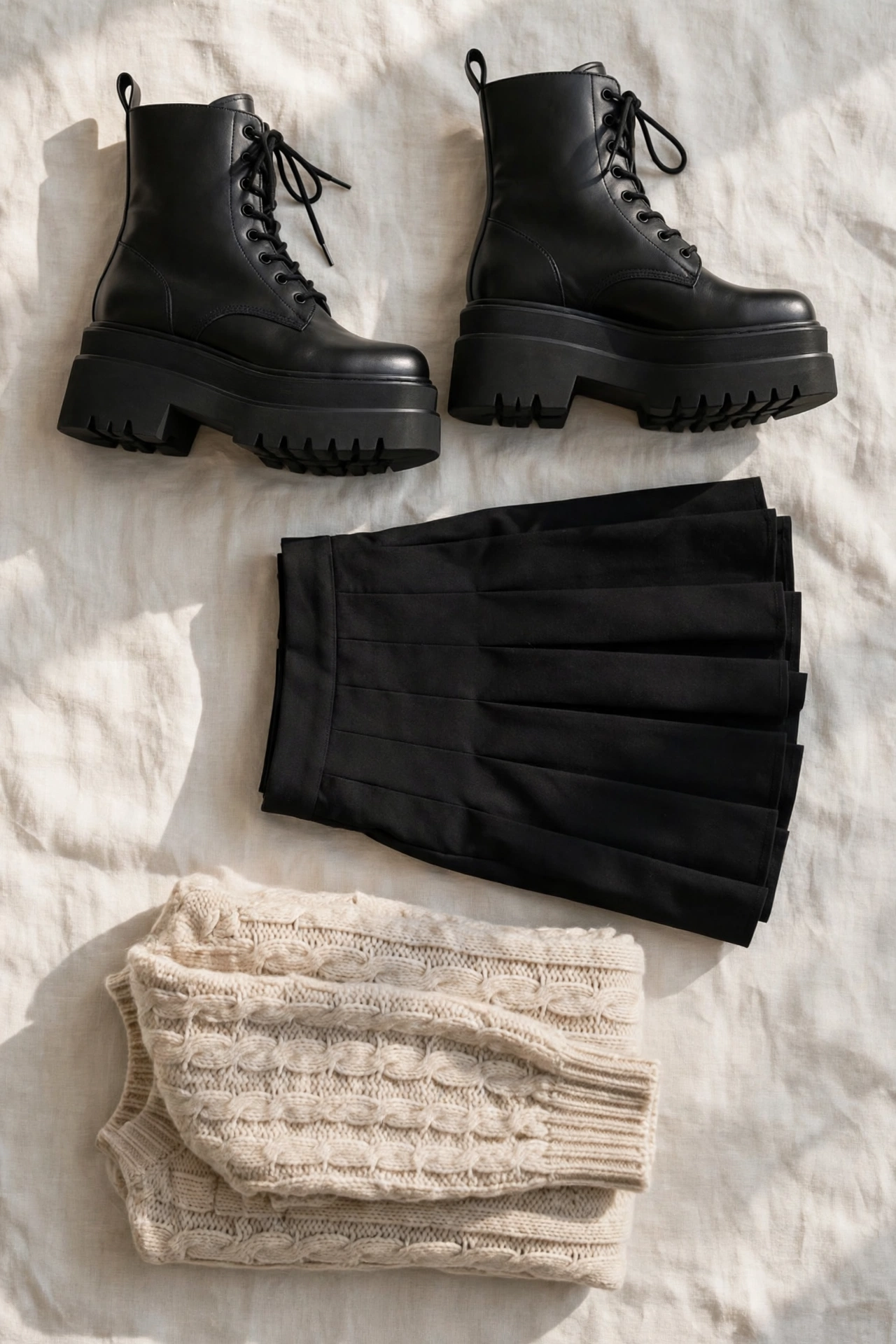 Flat lay of black platform boots styled with a black pleated skirt and a cream cable knit sweater