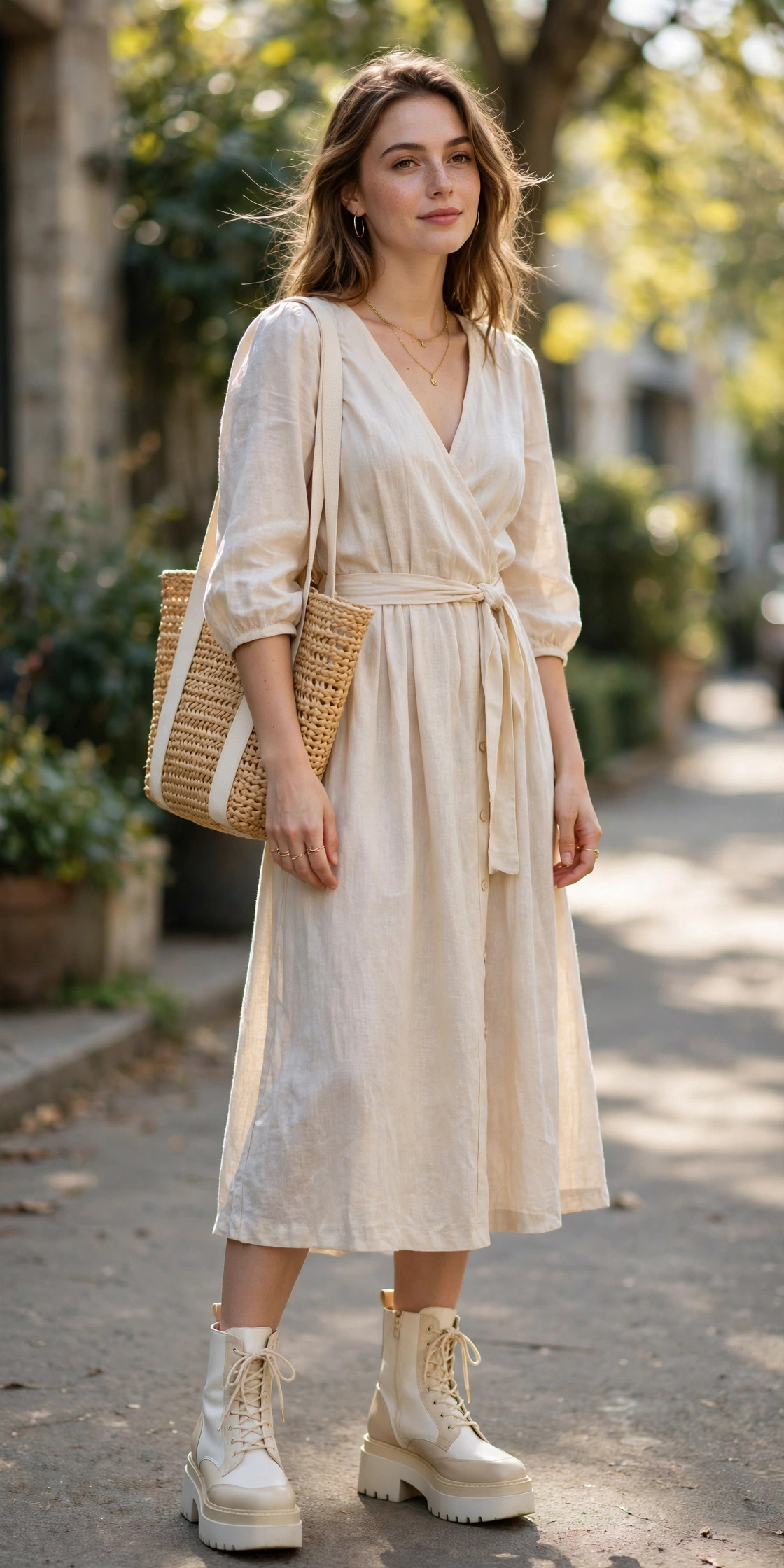 Woman in a cream wrap midi dress wearing cream and white platform boots with a woven tote bag