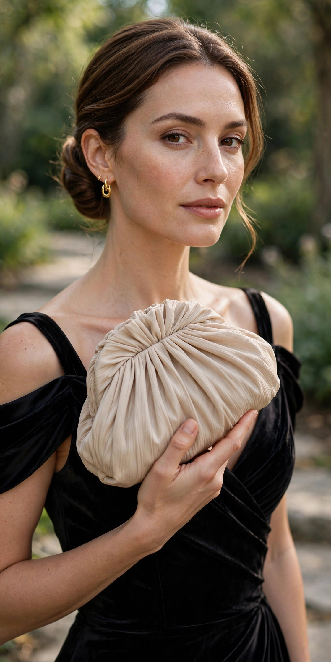 Woman in an elegant evening outfit holding a soft pleated dumpling clutch