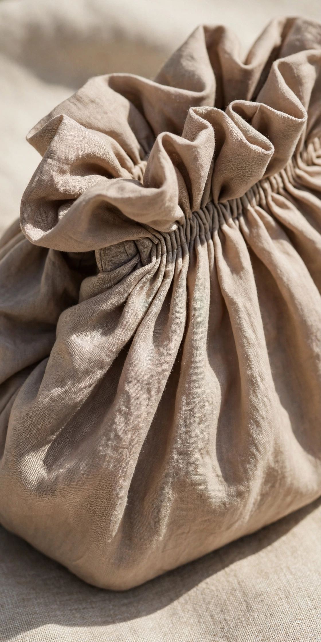 Close-up detail of the pleats and gathered top of a pleated dumpling clutch