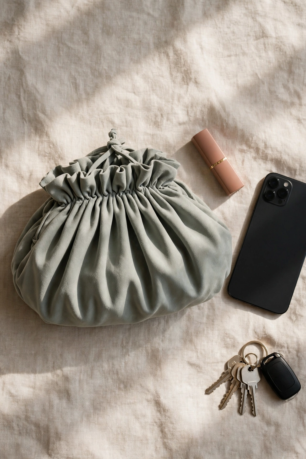 Flat lay of a pleated dumpling clutch with lipstick, phone and keys beside it