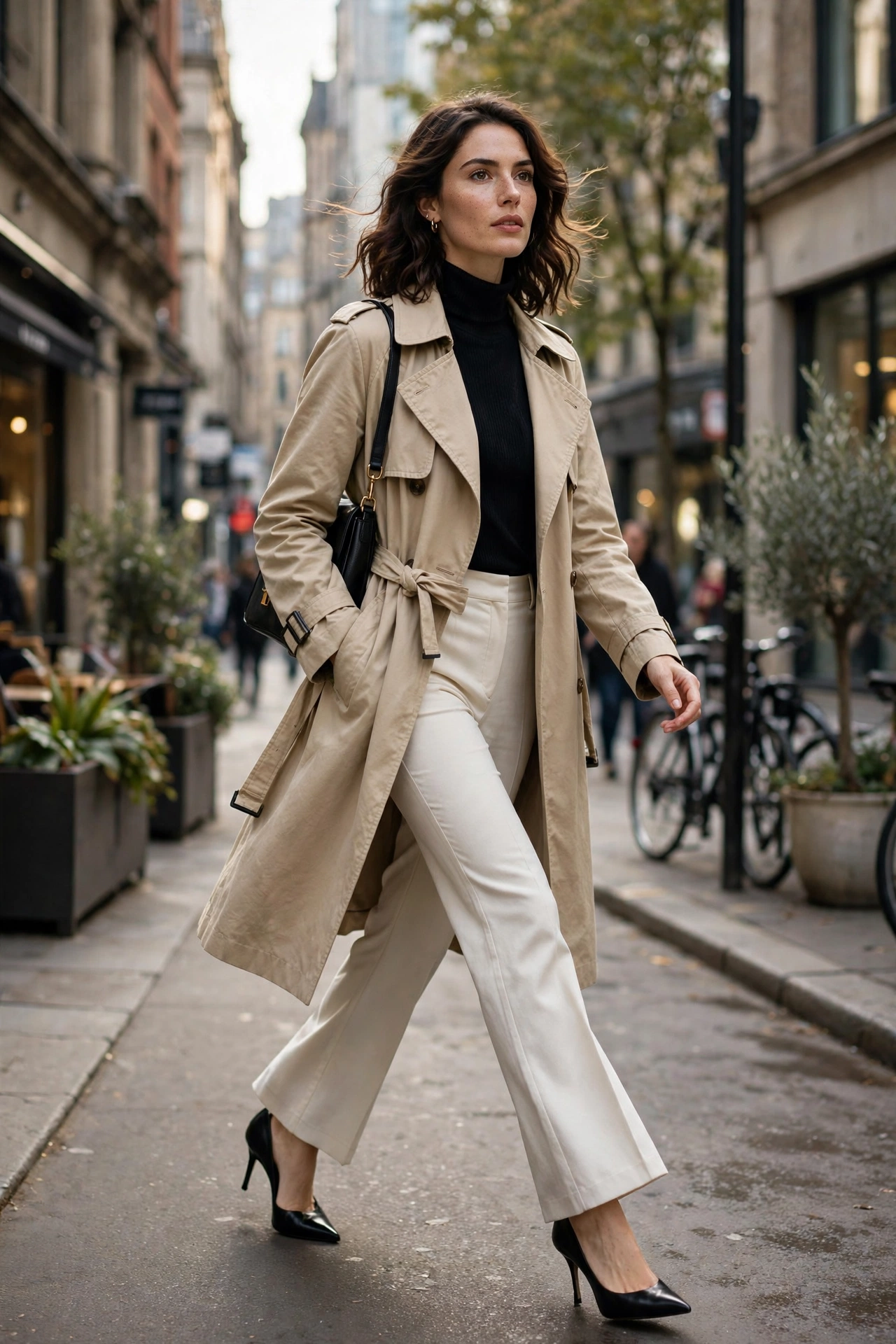 Woman walking confidently in pointed toe heels on a city street in natural light, lifestyle shot