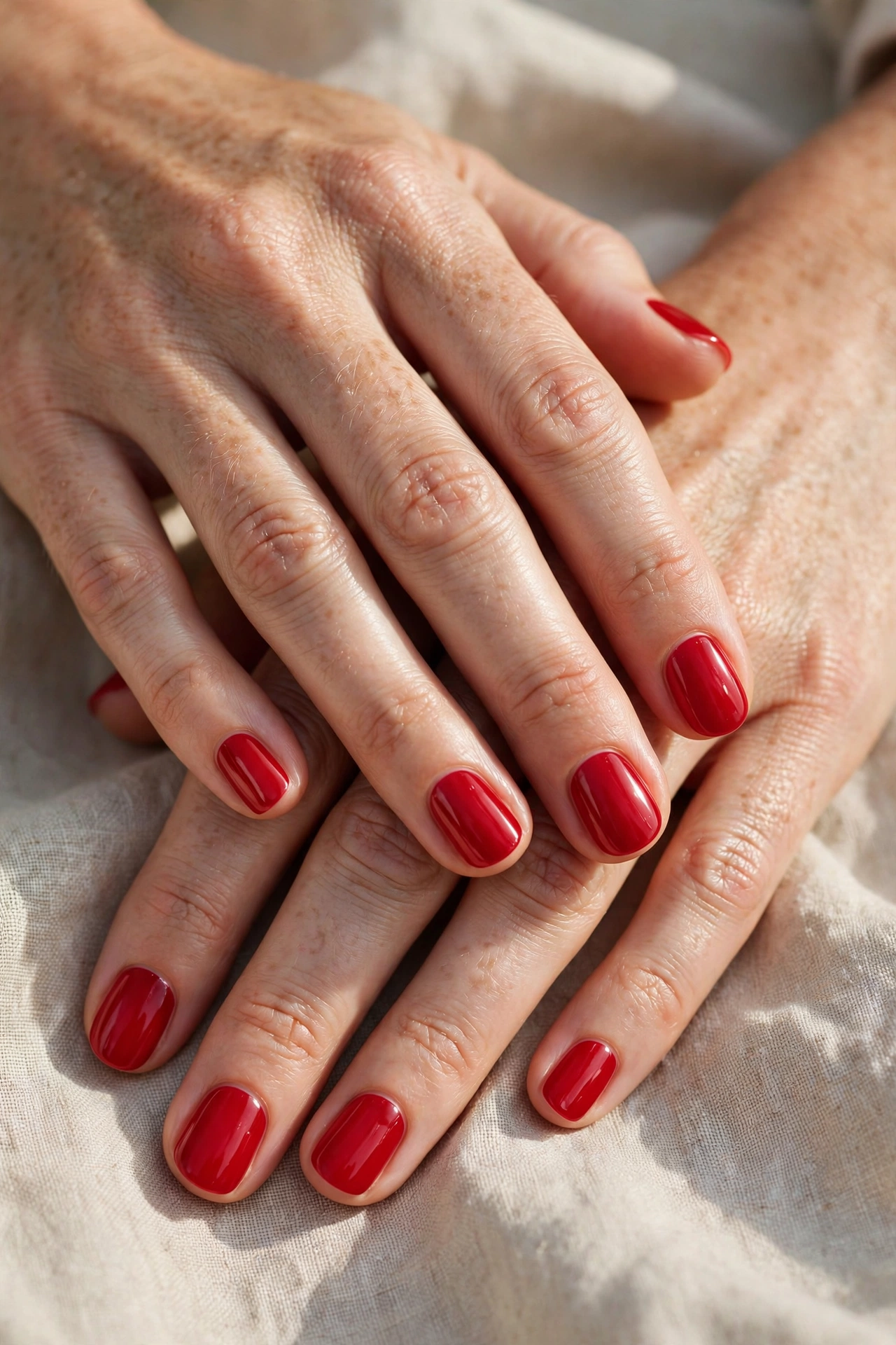 Woman's hands with glossy classic red nail polish on short and almond nails, hero manicure look