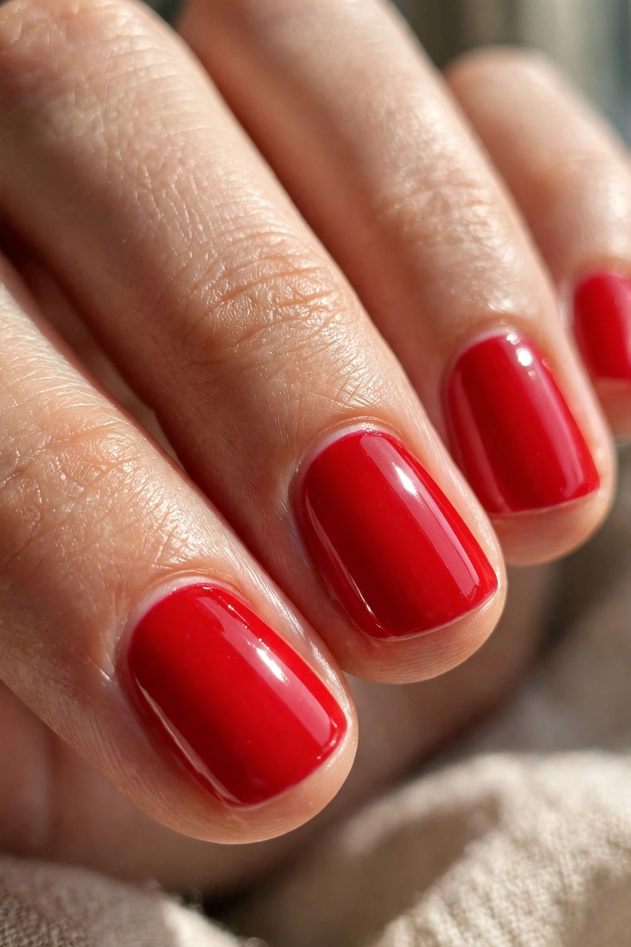 Close-up detail of short glossy red nails with neat cuticles and shiny finish
