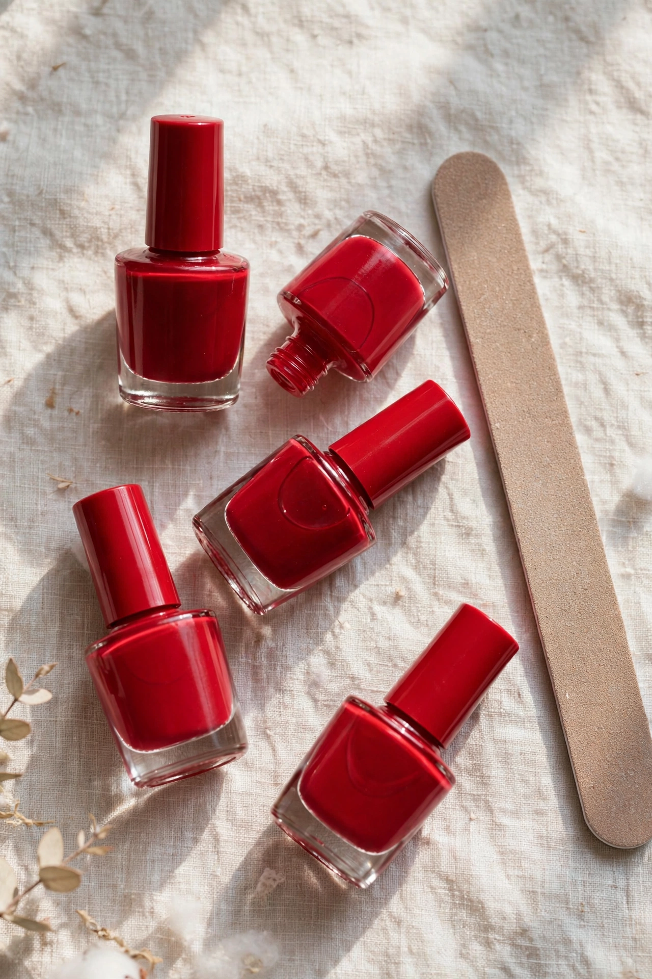Flat lay of red nail polish bottles in different shades arranged with a manicure file
