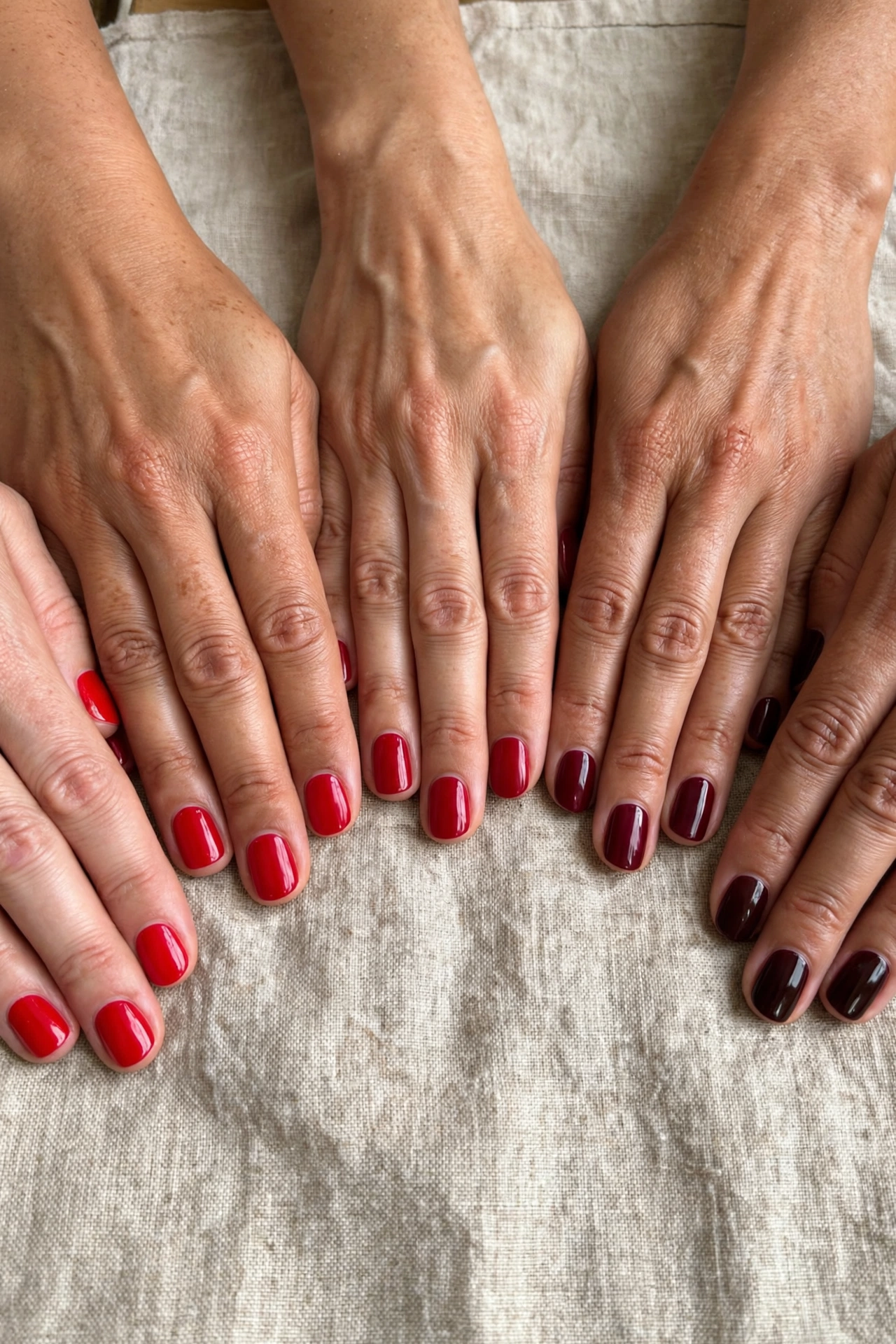 Hands showing different red nail polish shades from bright scarlet to deep burgundy and cherry