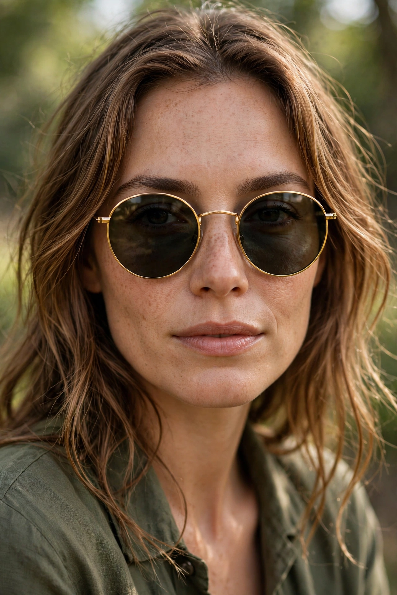 Woman wearing gold round metal sunglasses in a soft outdoor hero portrait