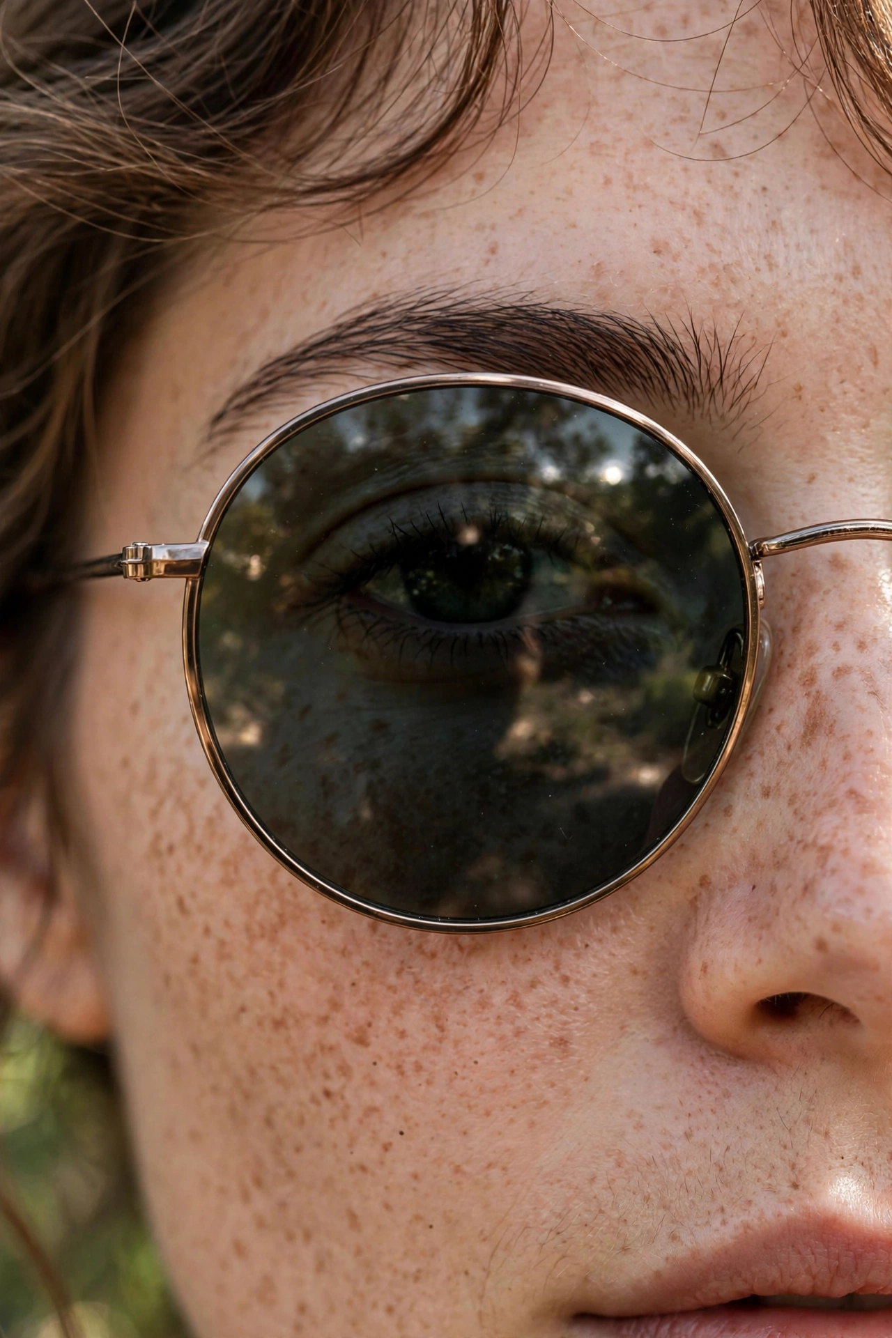 Close-up detail of a round metal sunglasses frame, bridge and tinted lens on a face