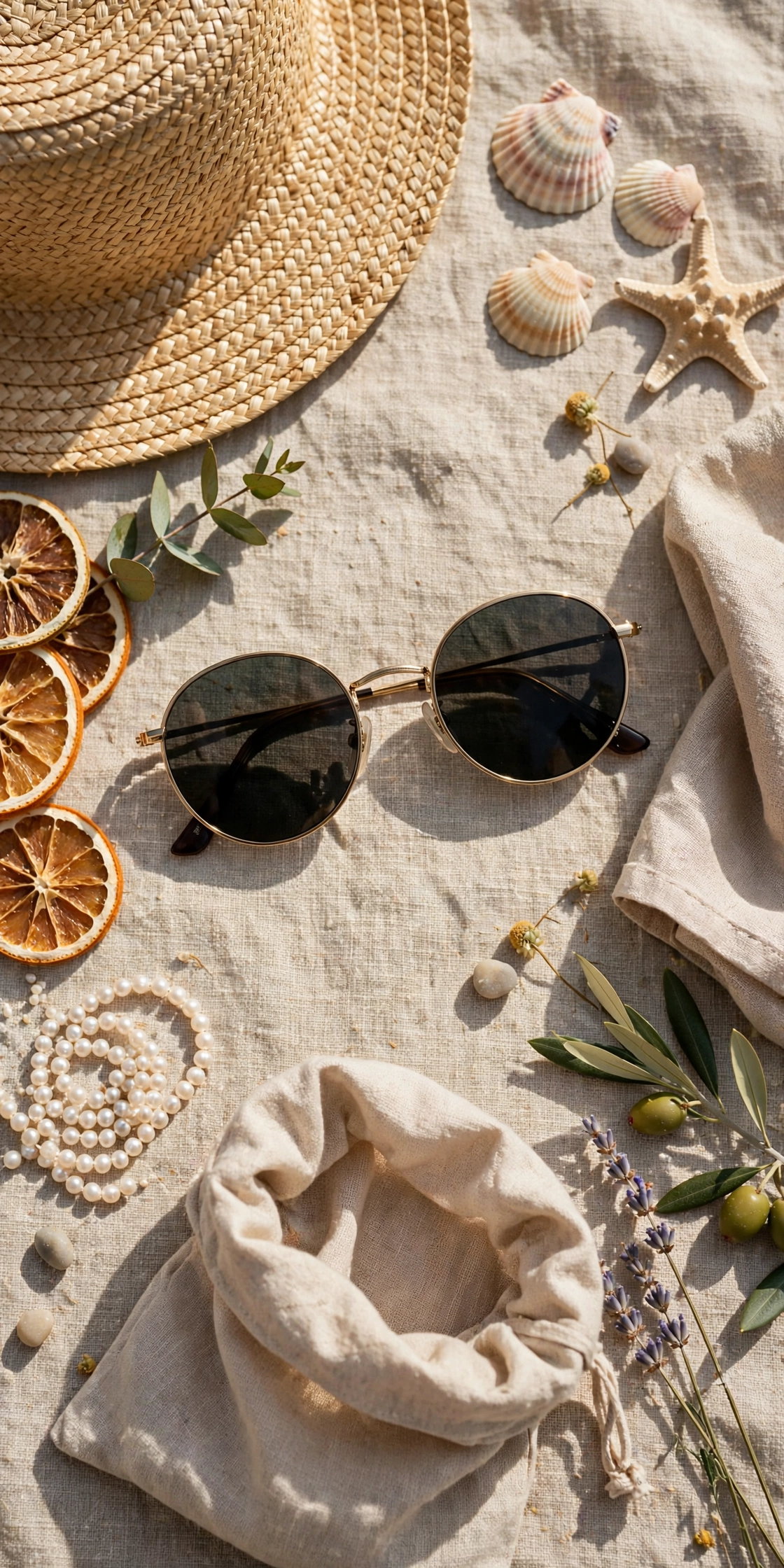 Flat lay of round metal sunglasses with a straw hat and summer accessories on linen