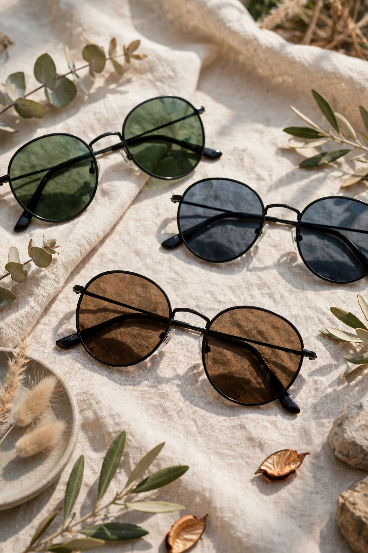 Black metal round sunglasses in green, grey and brown tinted lens variations on linen