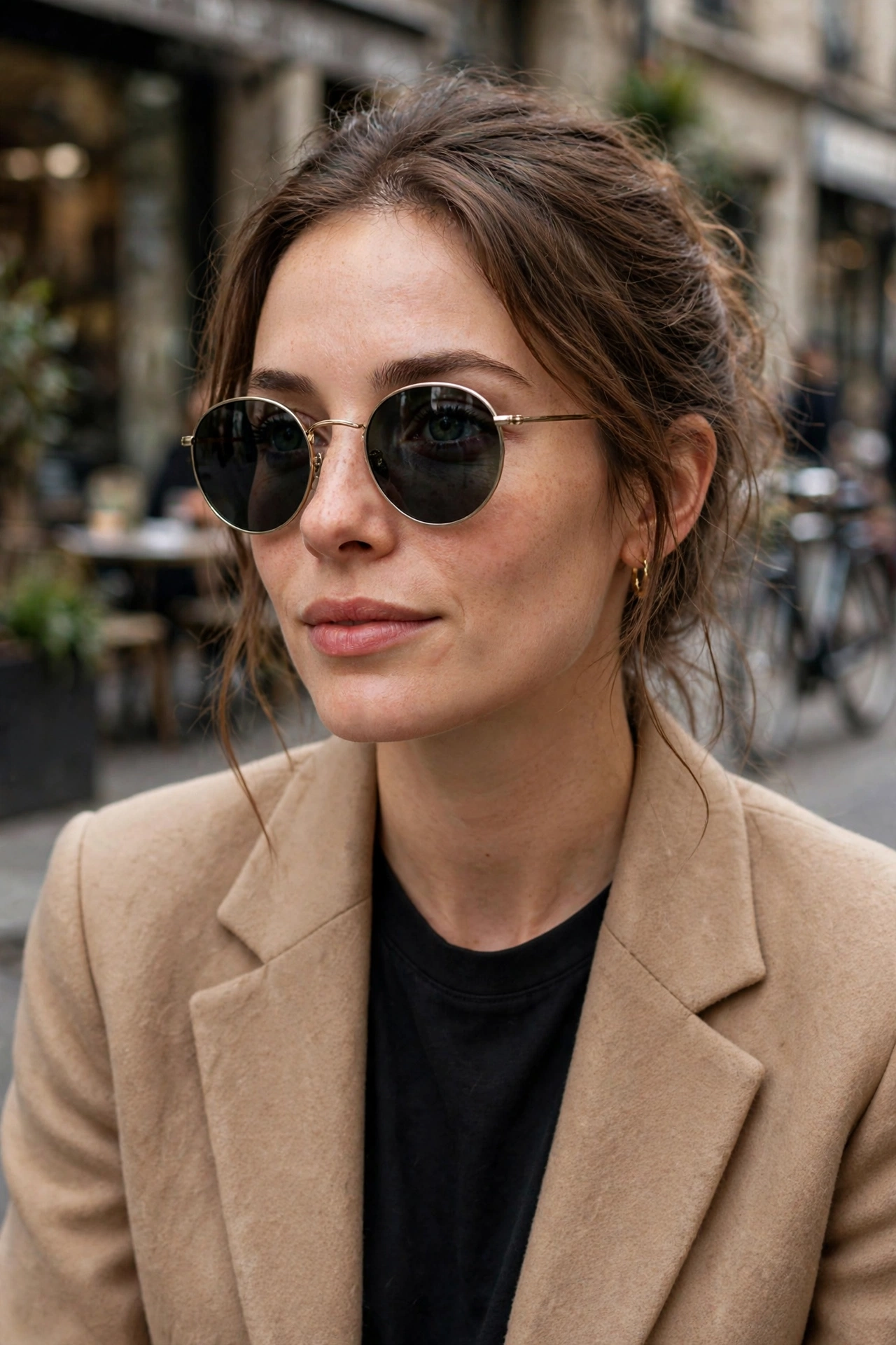 Woman styling round metal sunglasses with a camel blazer and black top on a city street
