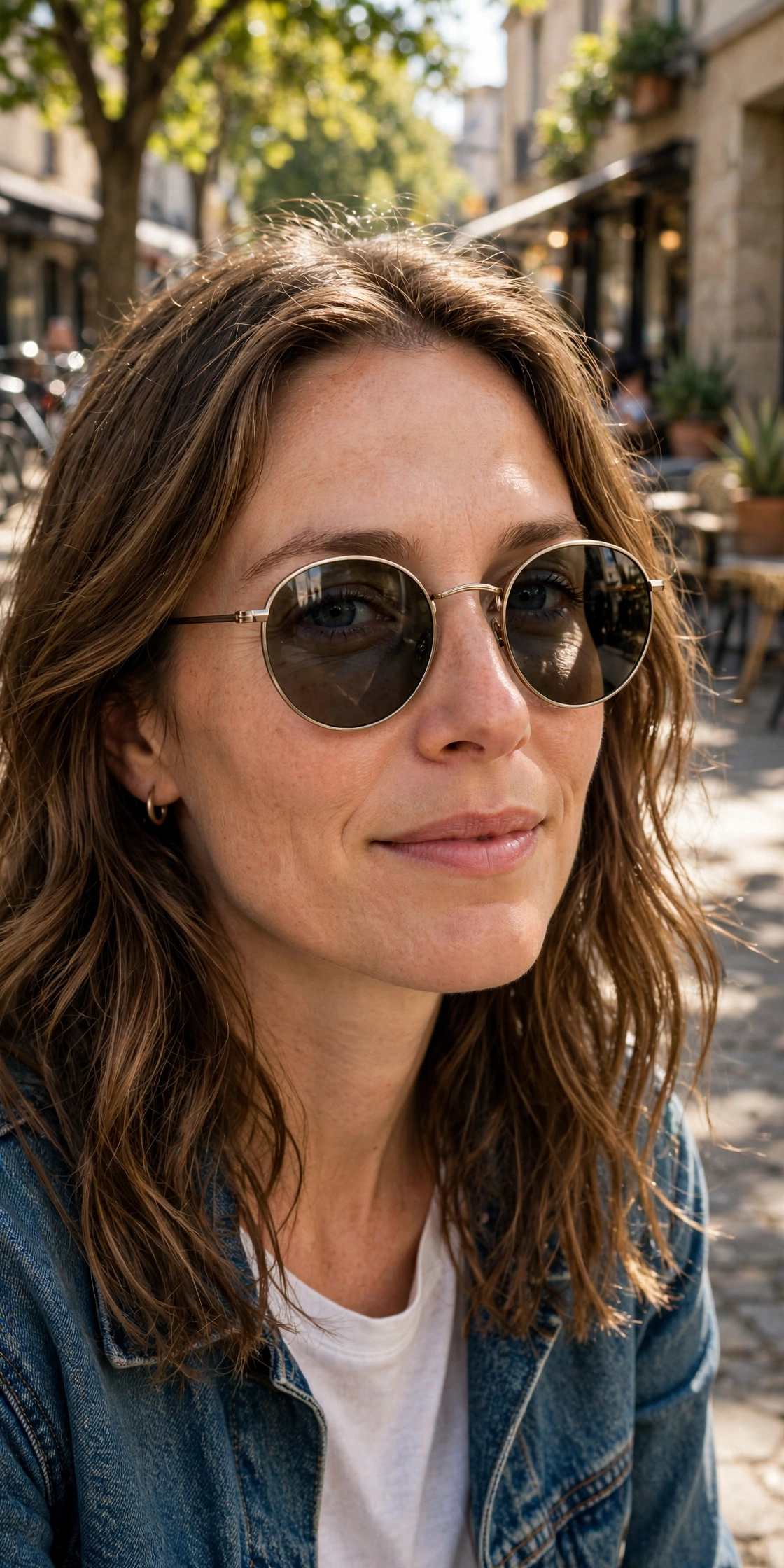 Sunny street lifestyle portrait of a woman wearing round metal sunglasses with a denim jacket