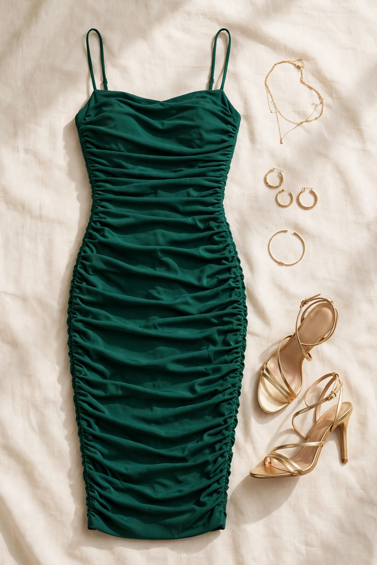 Flat lay of a ruched bodycon party dress styled with gold jewellery and strappy heels