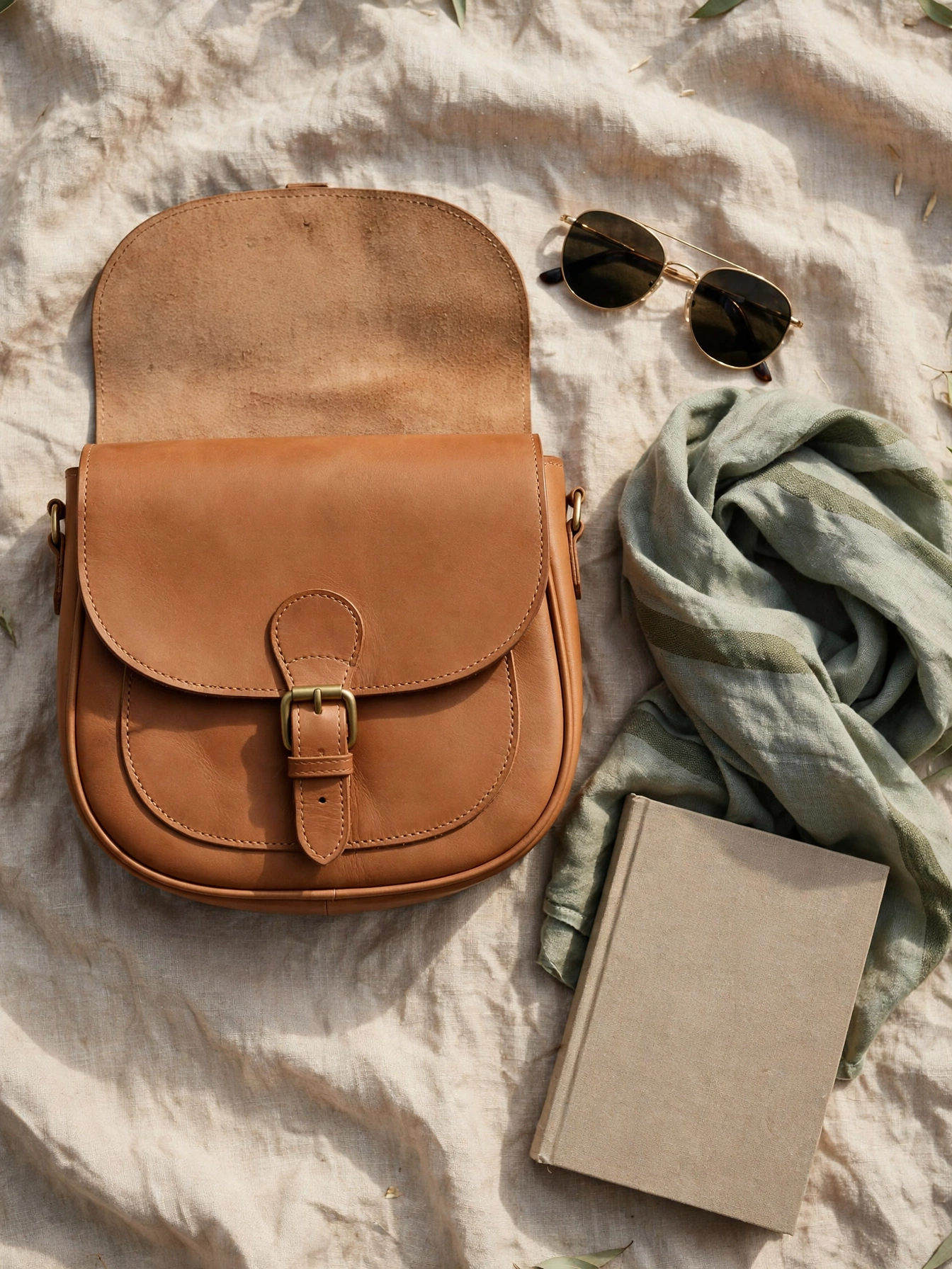 Flat lay styling of a leather saddle bag with everyday outfit pieces
