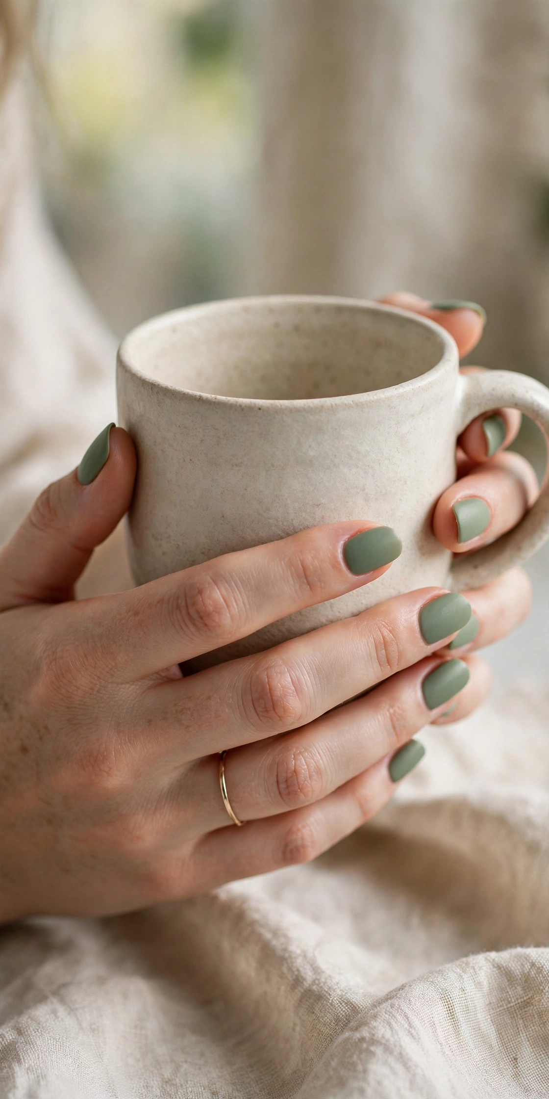Elegant hands with sage green matte nails holding a speckled ceramic cup in soft natural light