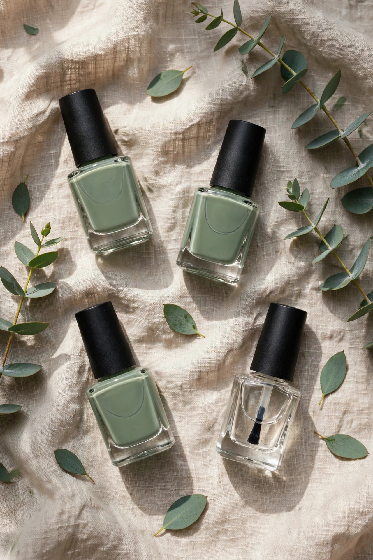 Flat lay of sage green nail polish bottles and a clear matte top coat with eucalyptus leaves on linen