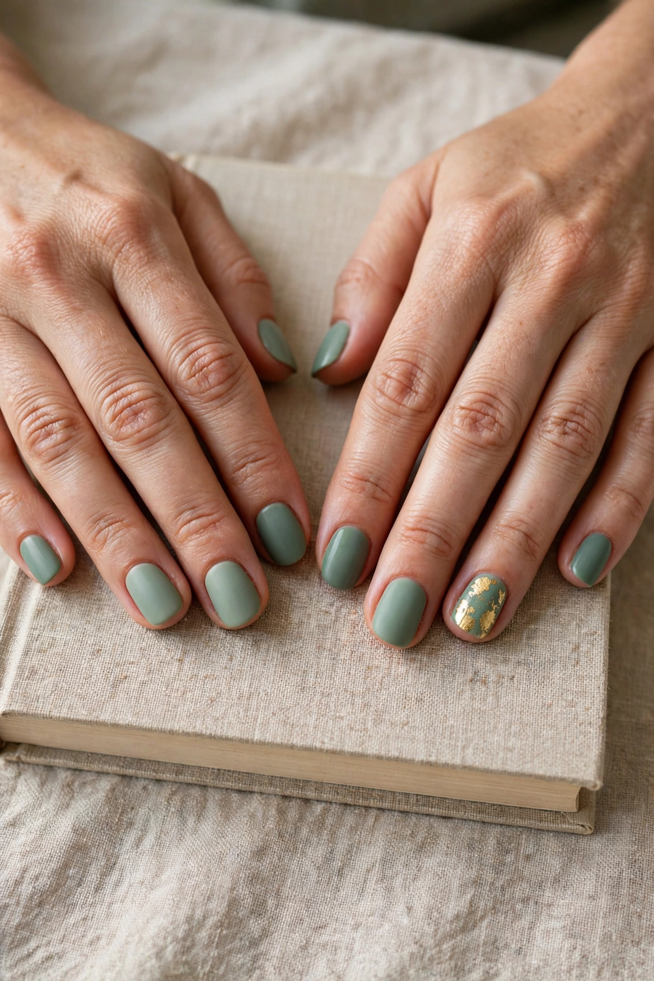 Hands with sage green matte nails and one gold foil accent nail resting on a linen-covered book