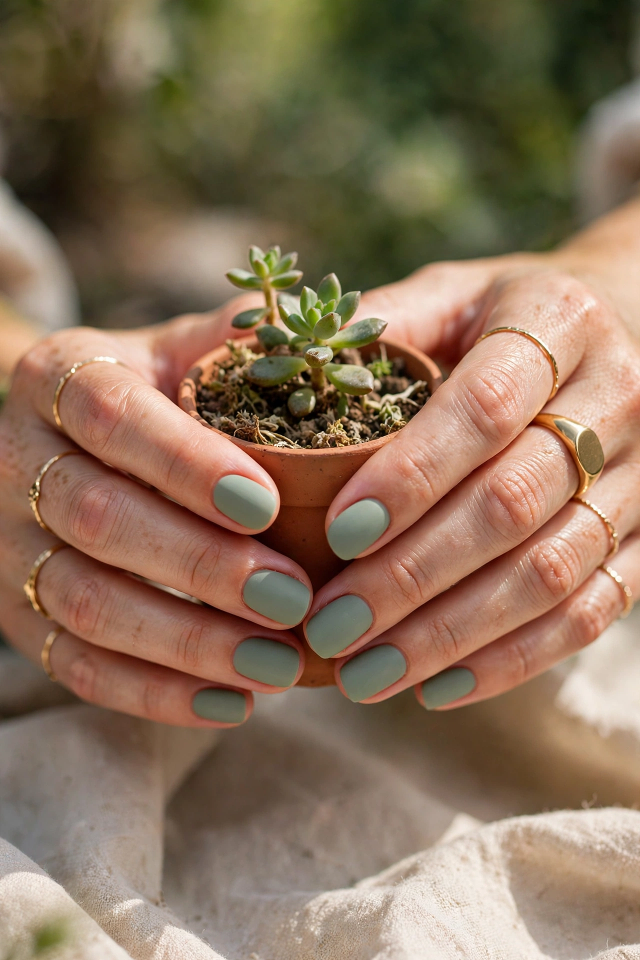 Hands with sage green matte nails wearing gold rings and holding a small potted succulent plant