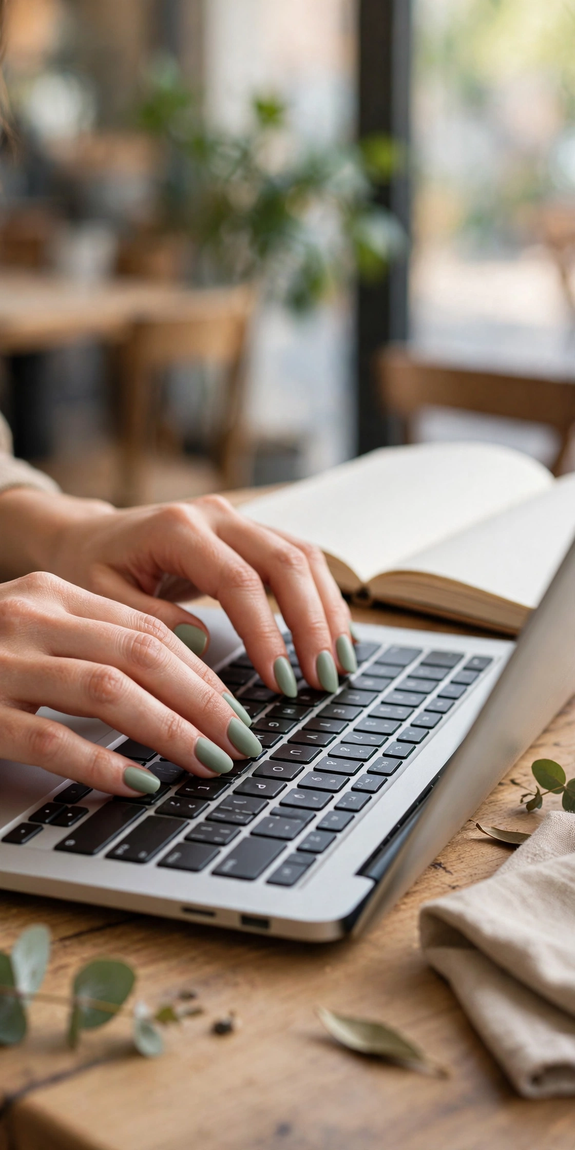 Woman's hands with sage green matte nails typing on a laptop at a cafe table beside an open notebook