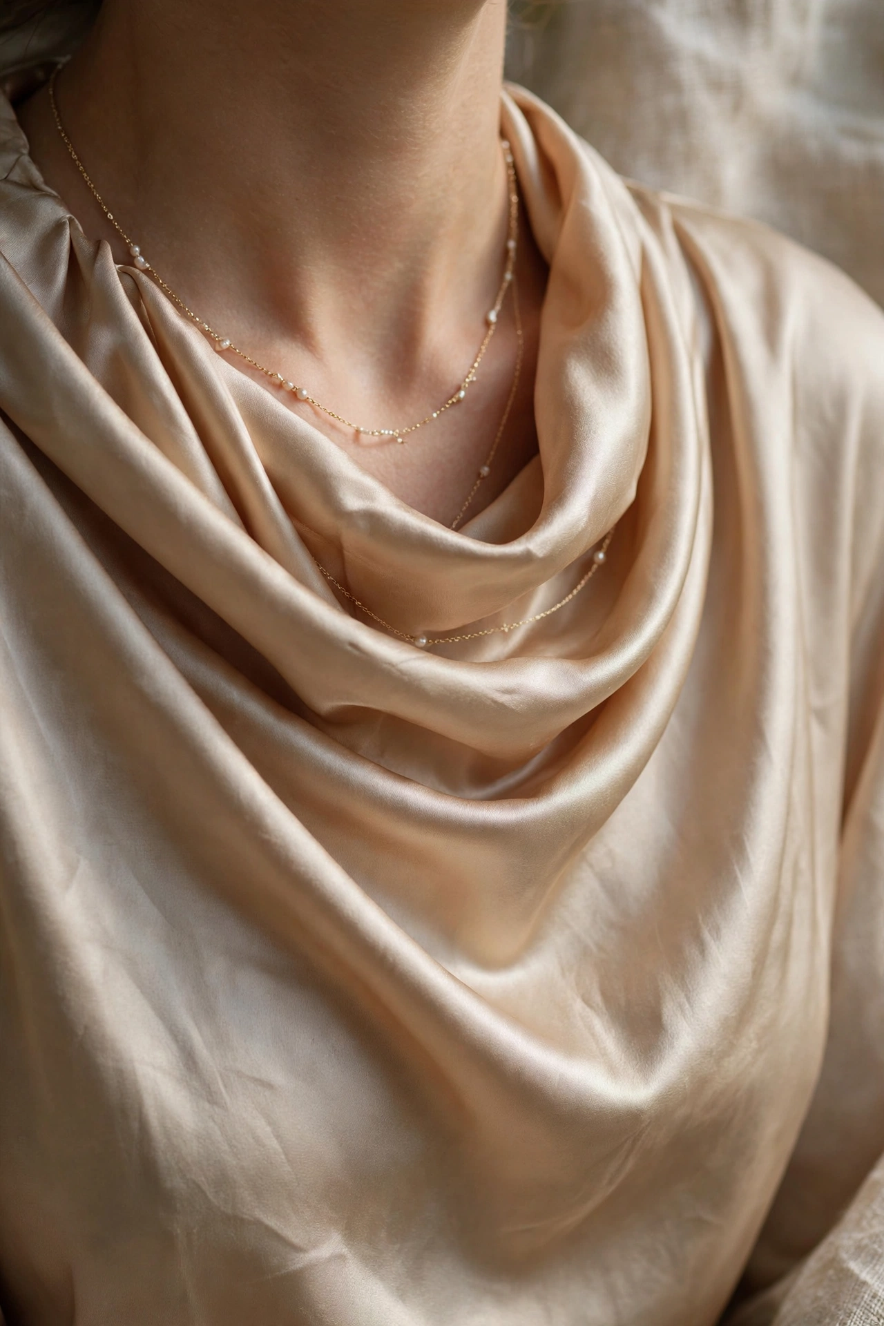 Close-up detail of a draped satin cowl neckline with delicate pearl jewellery