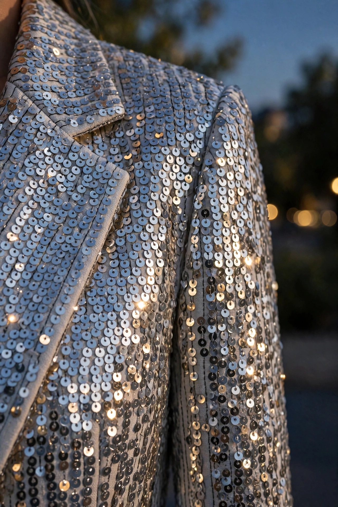 Close-up detail of a sequin blazer showing sparkling sequins for an evening look