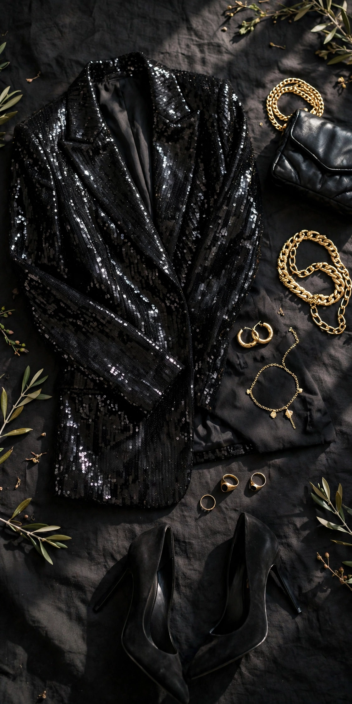 Flat lay styling of a sequin blazer with night out outfit pieces