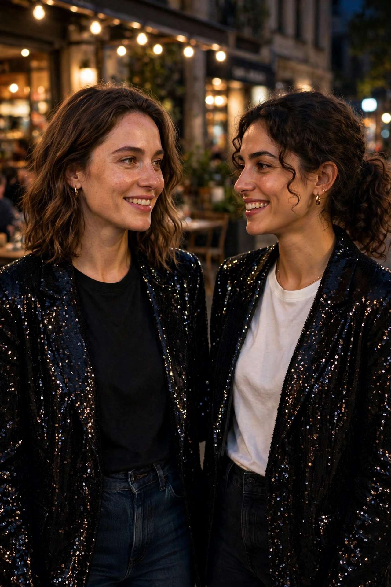 Sequin blazer paired with a simple top and trousers for a going out outfit