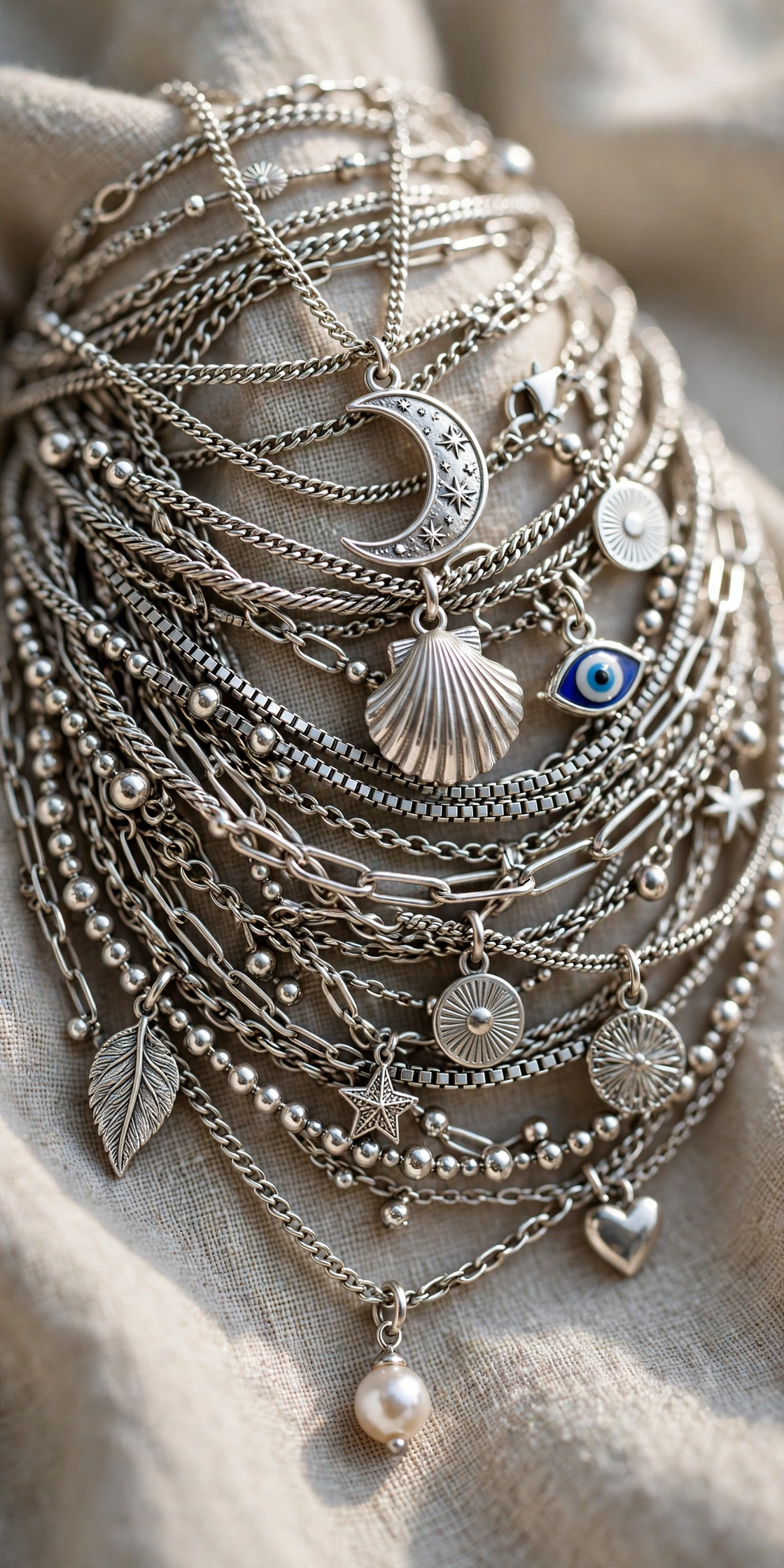 Close-up detail of stacked silver anklet chains and charms