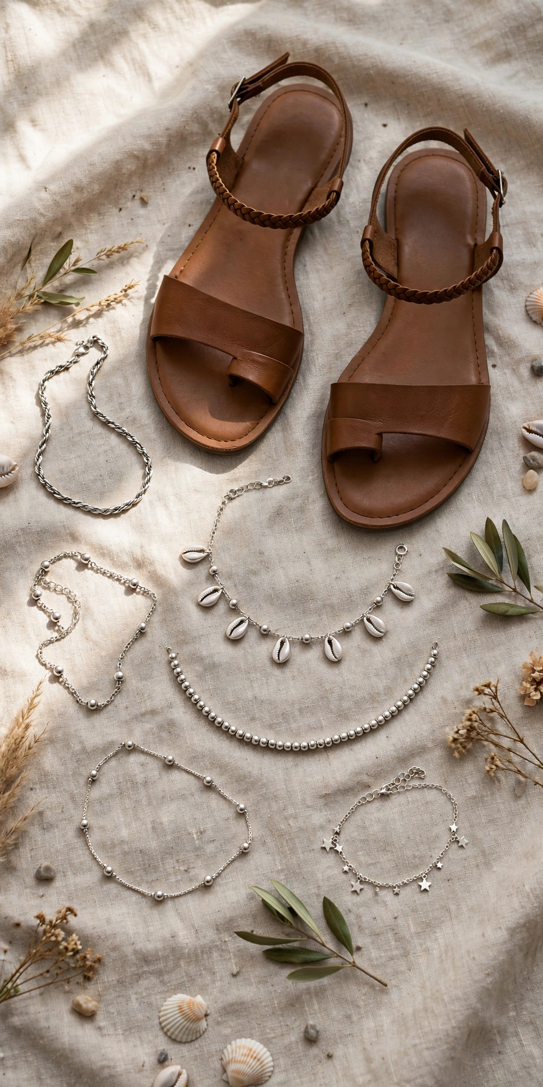 Flat lay of several silver anklets arranged with sandals