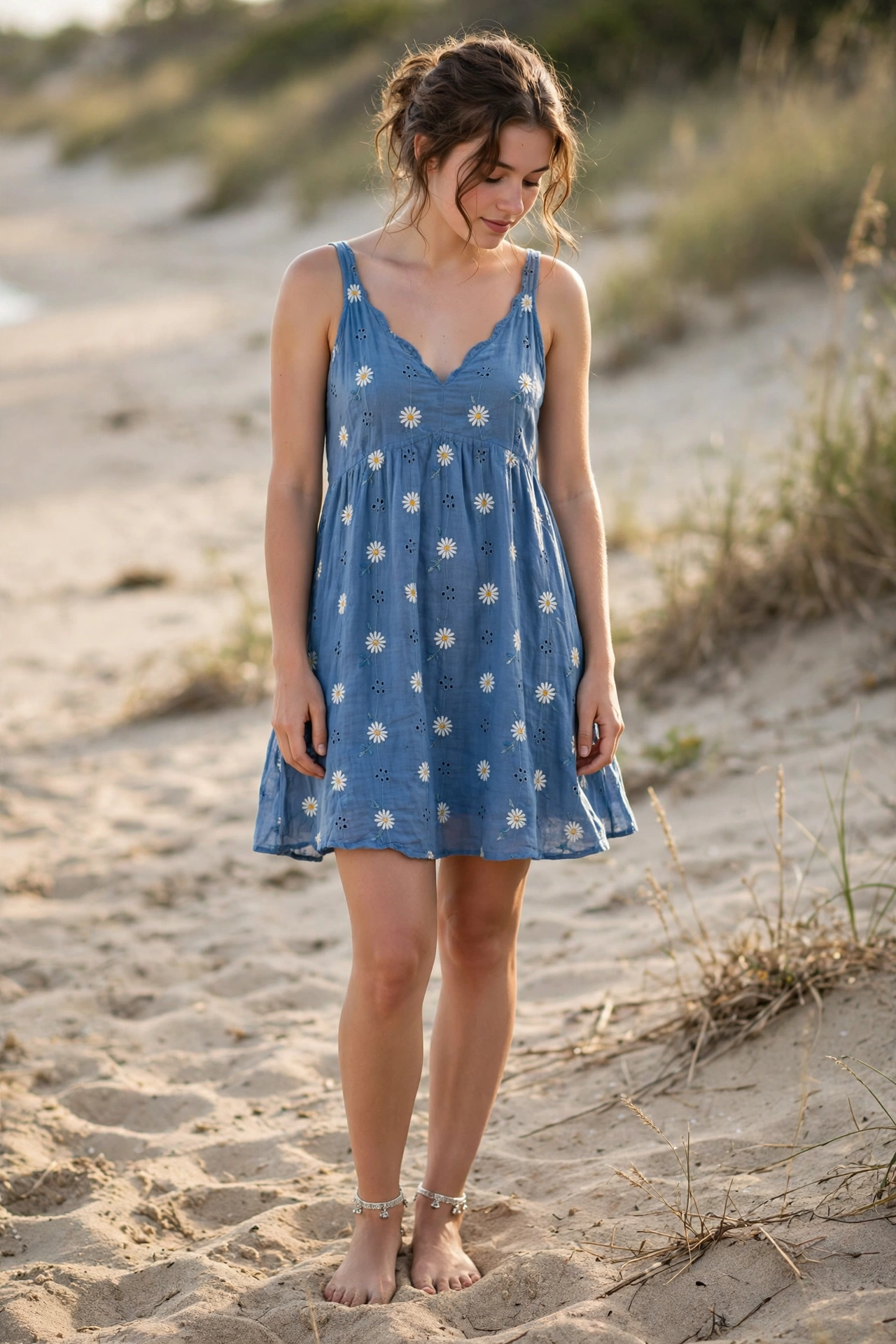 Silver anklets paired with a summer dress on sand