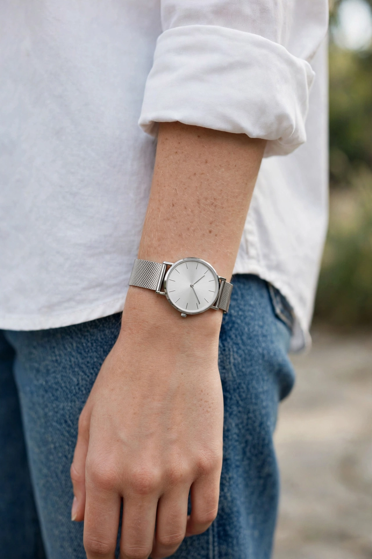 Woman's wrist wearing a minimal silver mesh watch with a white shirt and clean everyday outfit