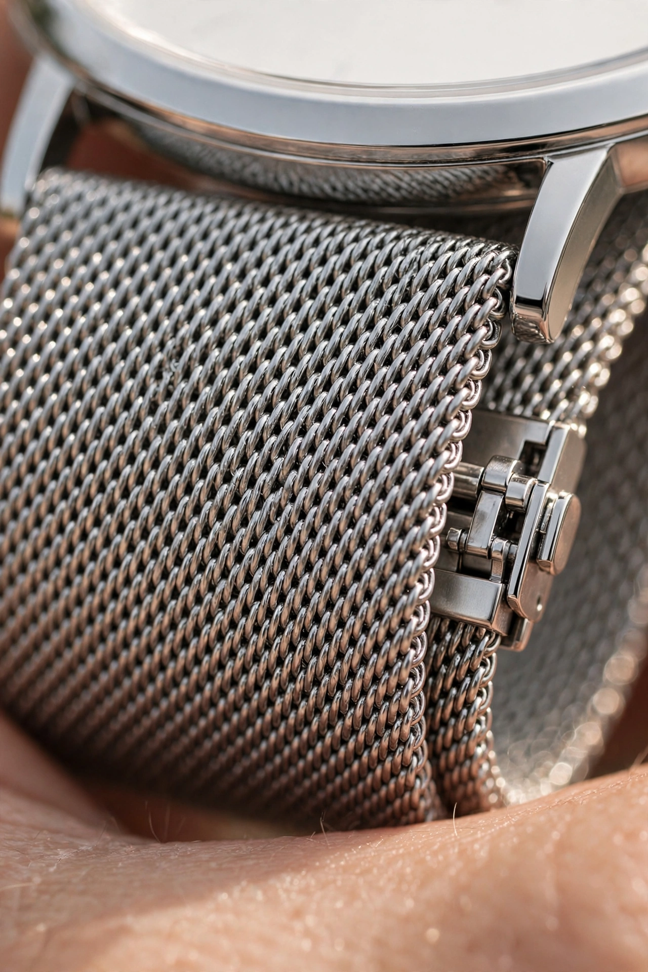 Close-up detail of a silver mesh watch strap showing the fine woven mesh and sliding clasp
