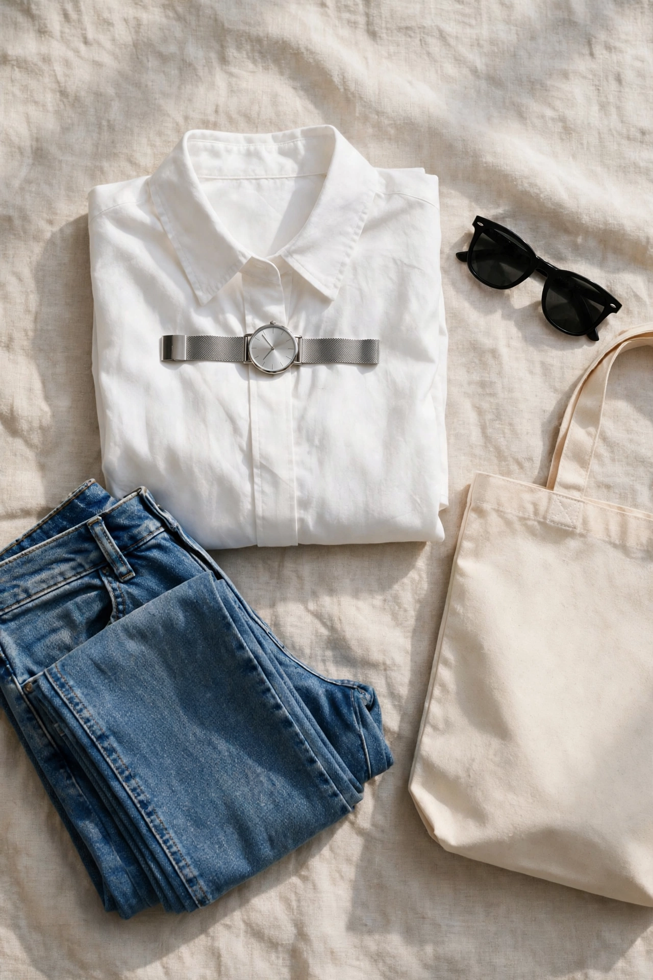 Flat lay of a minimal silver mesh watch with a white shirt, jeans, sunglasses and a plain tote bag