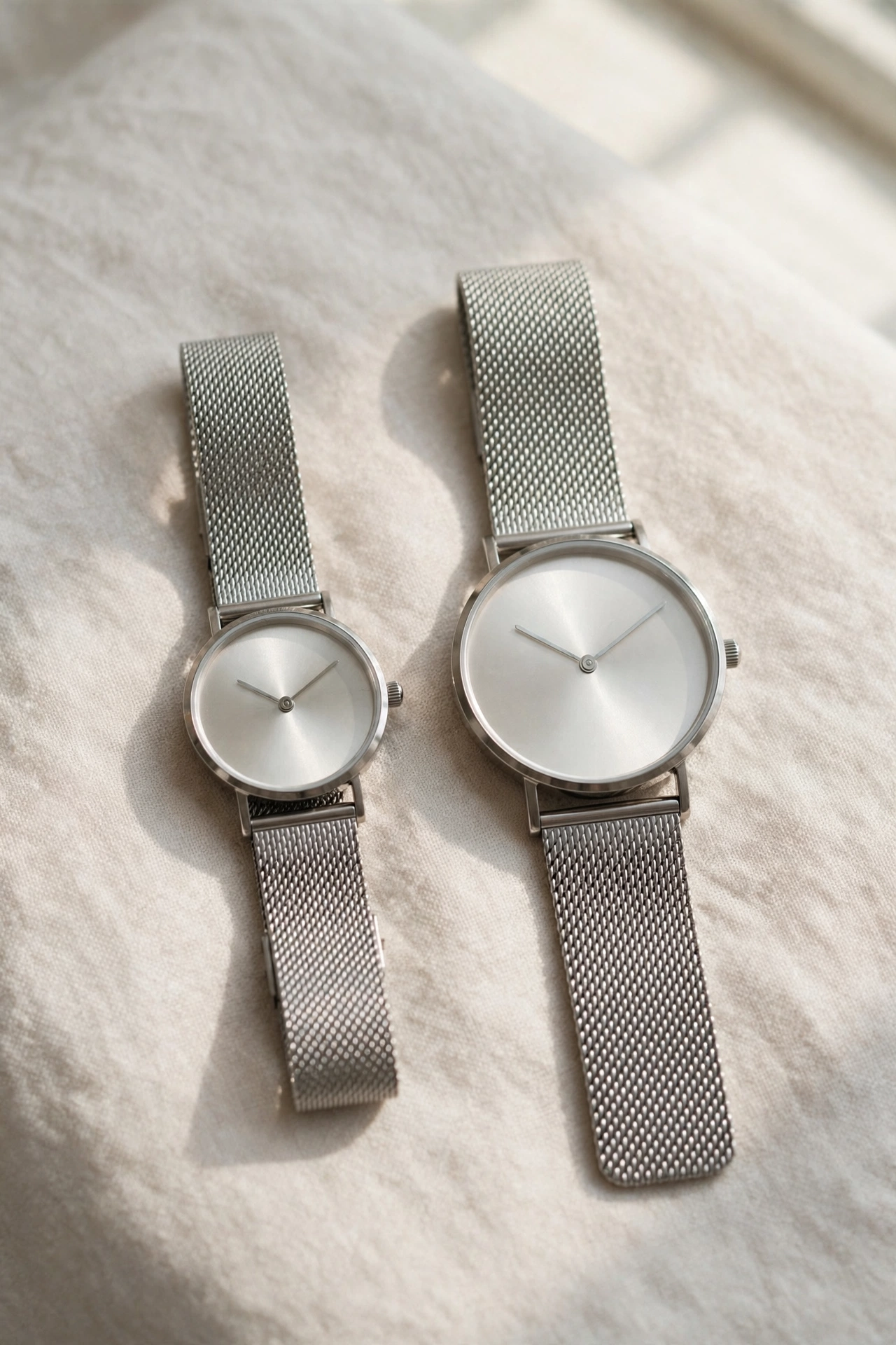 Two minimal silver mesh watches in different dial sizes side by side showing a size and colour variation