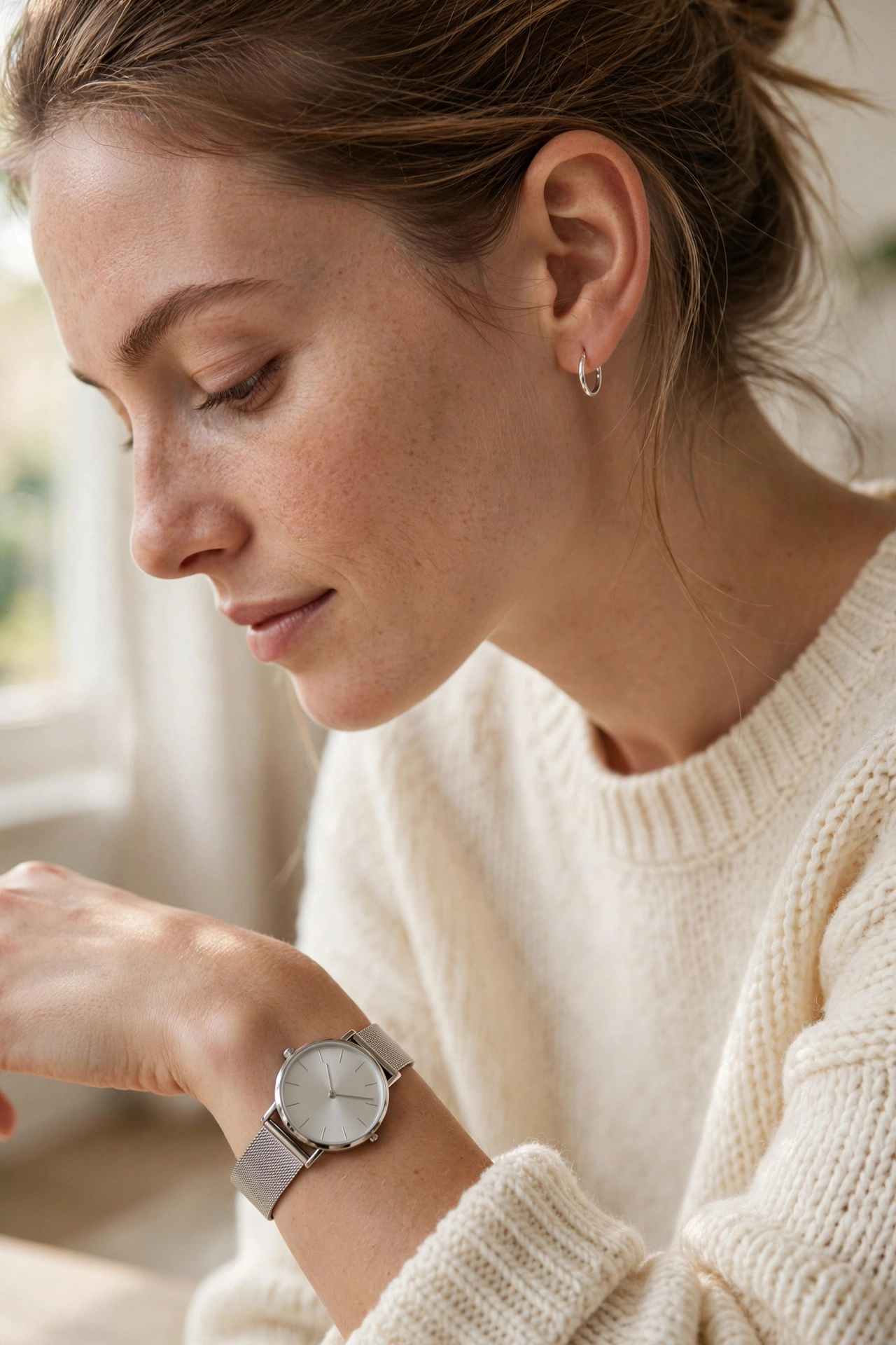 Minimal silver mesh watch paired with a cream knit jumper, small silver hoop earrings and a plain outfit