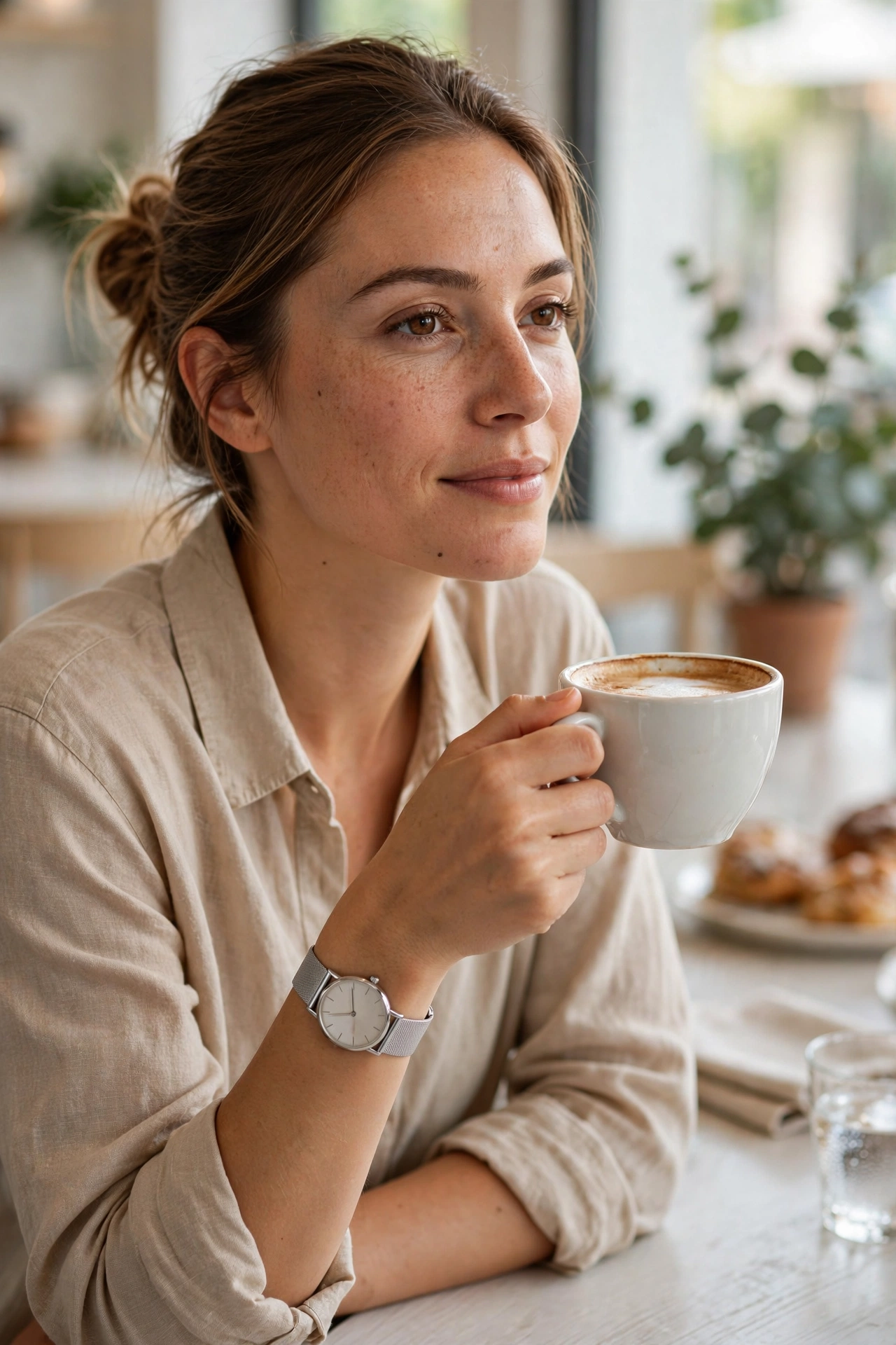 Woman wearing a minimal silver mesh watch while holding a coffee cup in a bright cafe, lifestyle setting