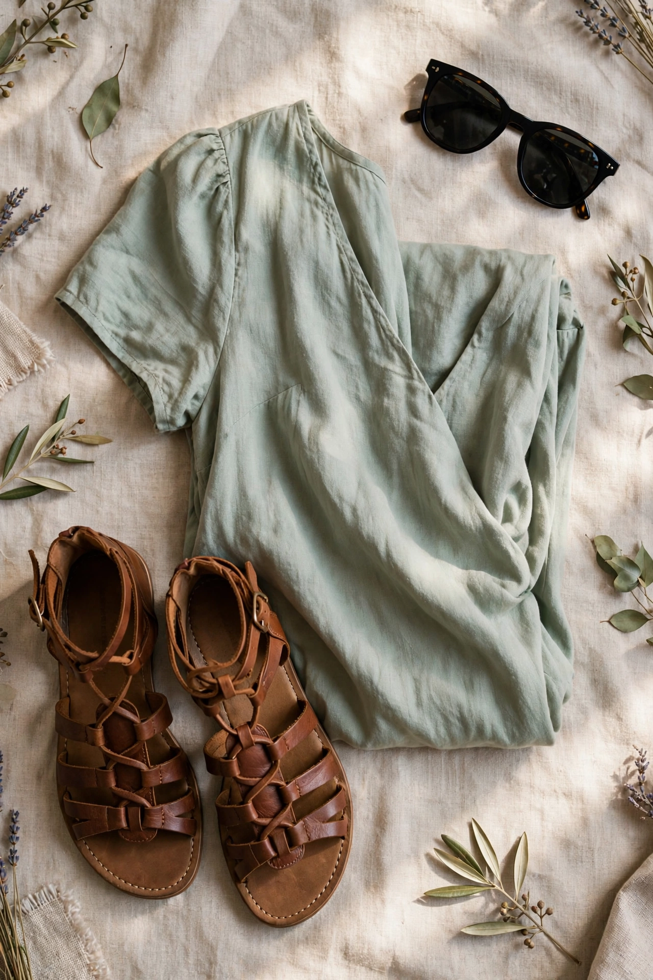 Flat lay of gladiator sandals with a summer dress and sunglasses