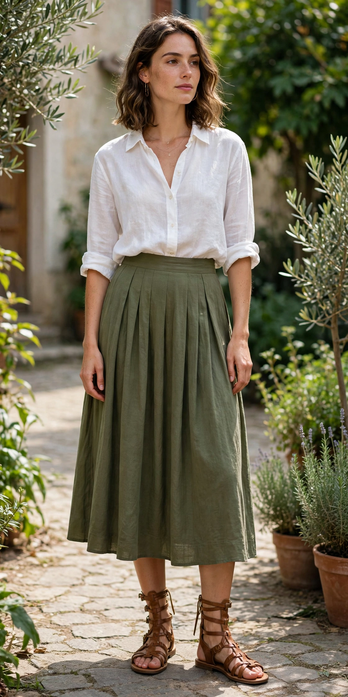 Woman wearing gladiator sandals with a green midi skirt and white shirt
