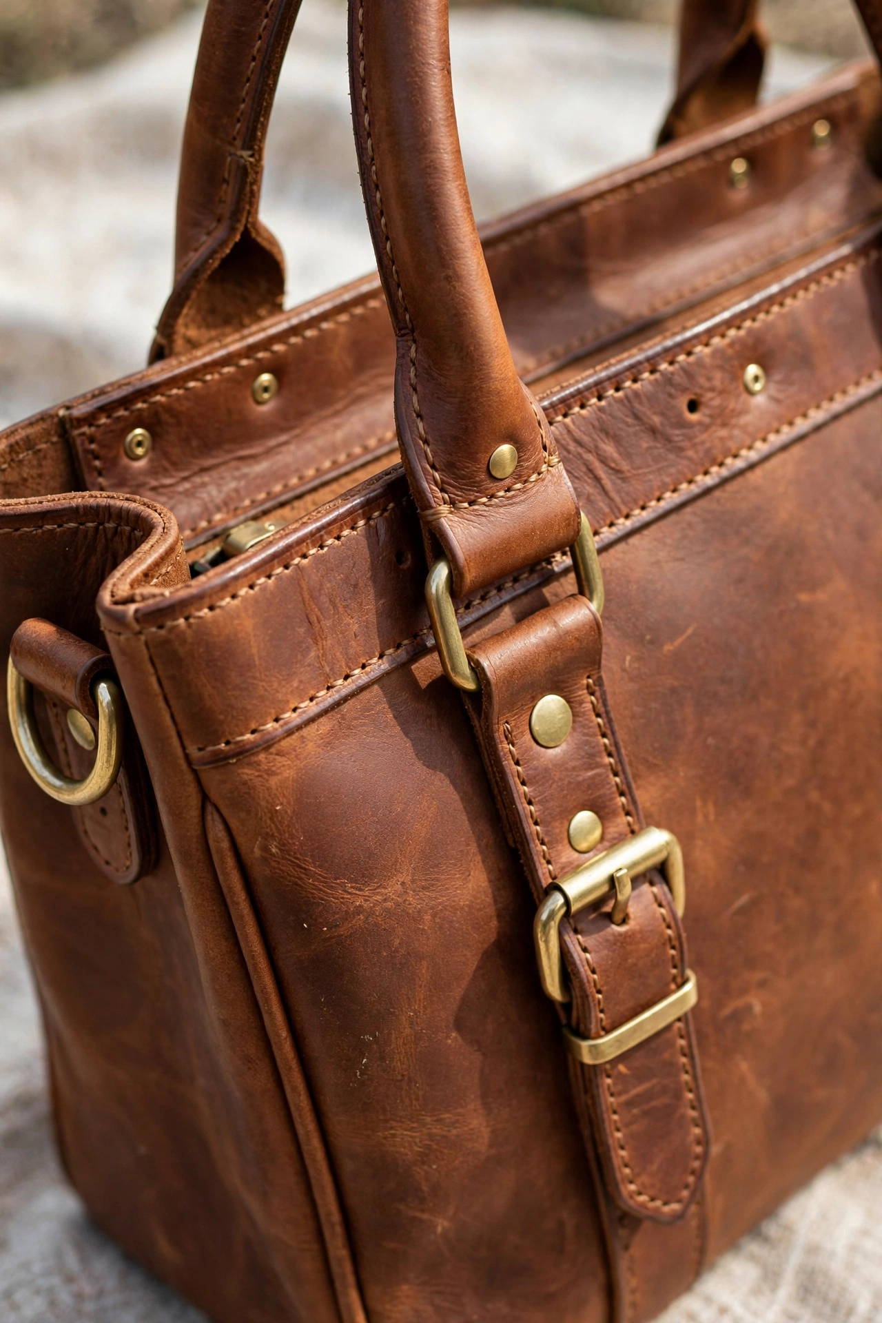 Close-up detail of structured tote stitching handles and brass hardware