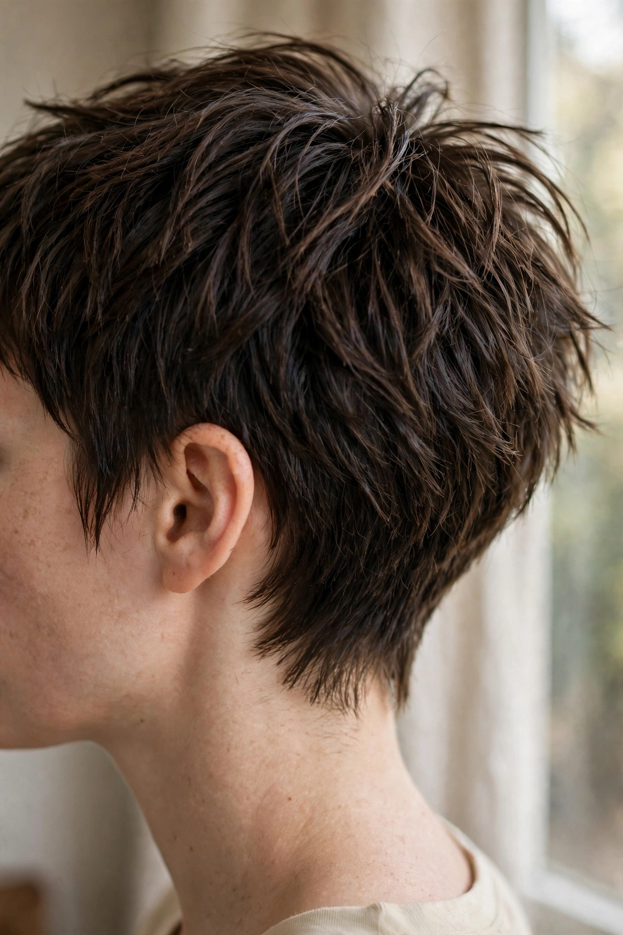 Close-up side view of a textured pixie cut showing choppy layers and a tapered nape