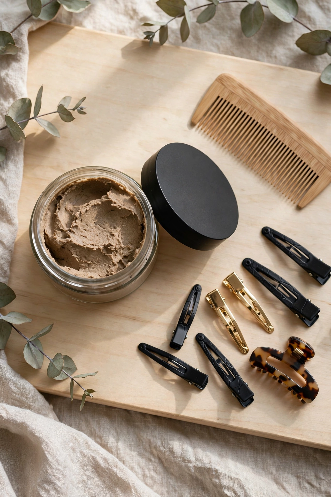 Flat lay of texture paste, a small wooden comb and hair clips for styling short pixie hair on a dressing table