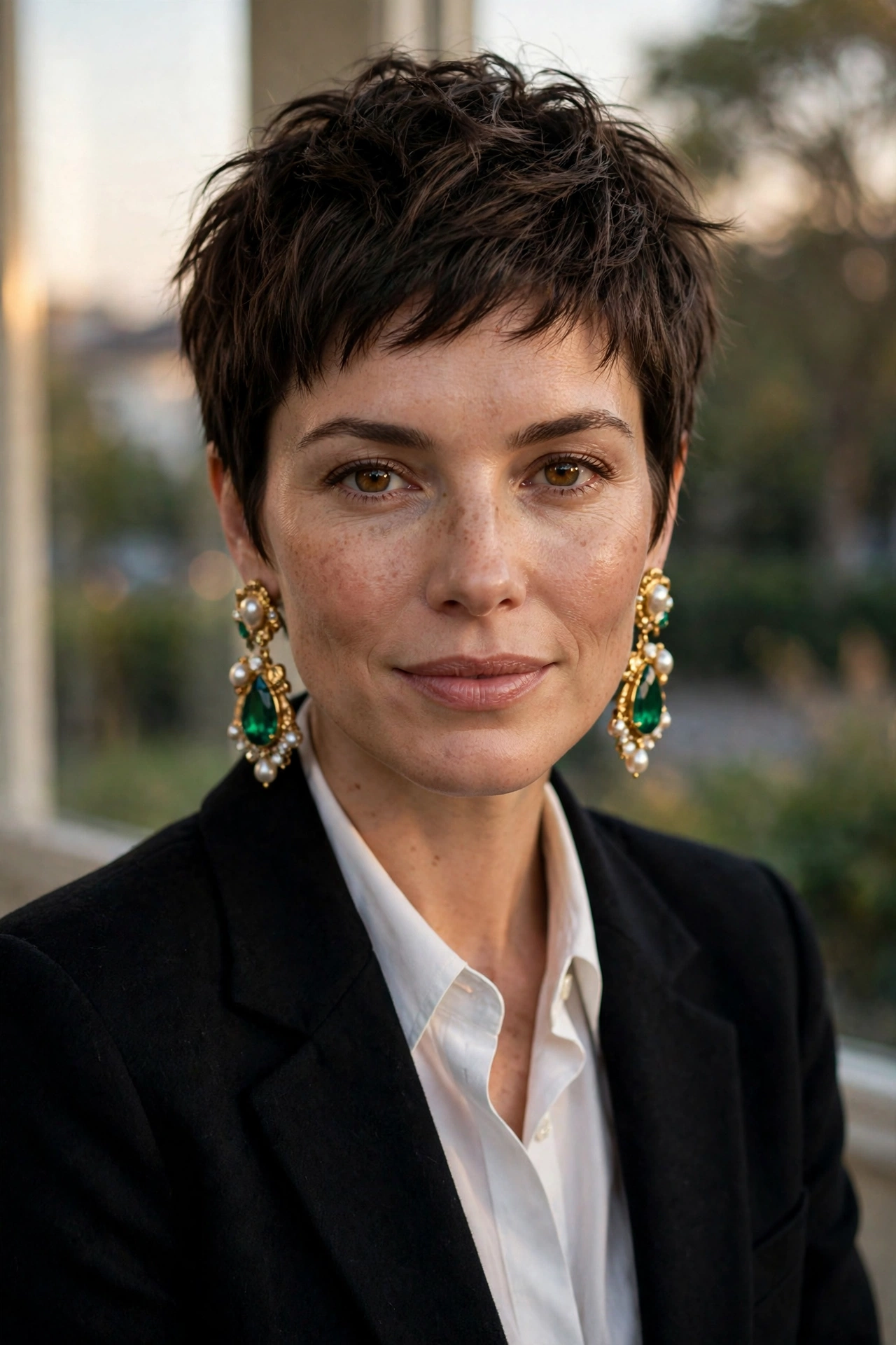 Woman with a textured pixie cut wearing statement earrings and a black blazer in a polished evening look